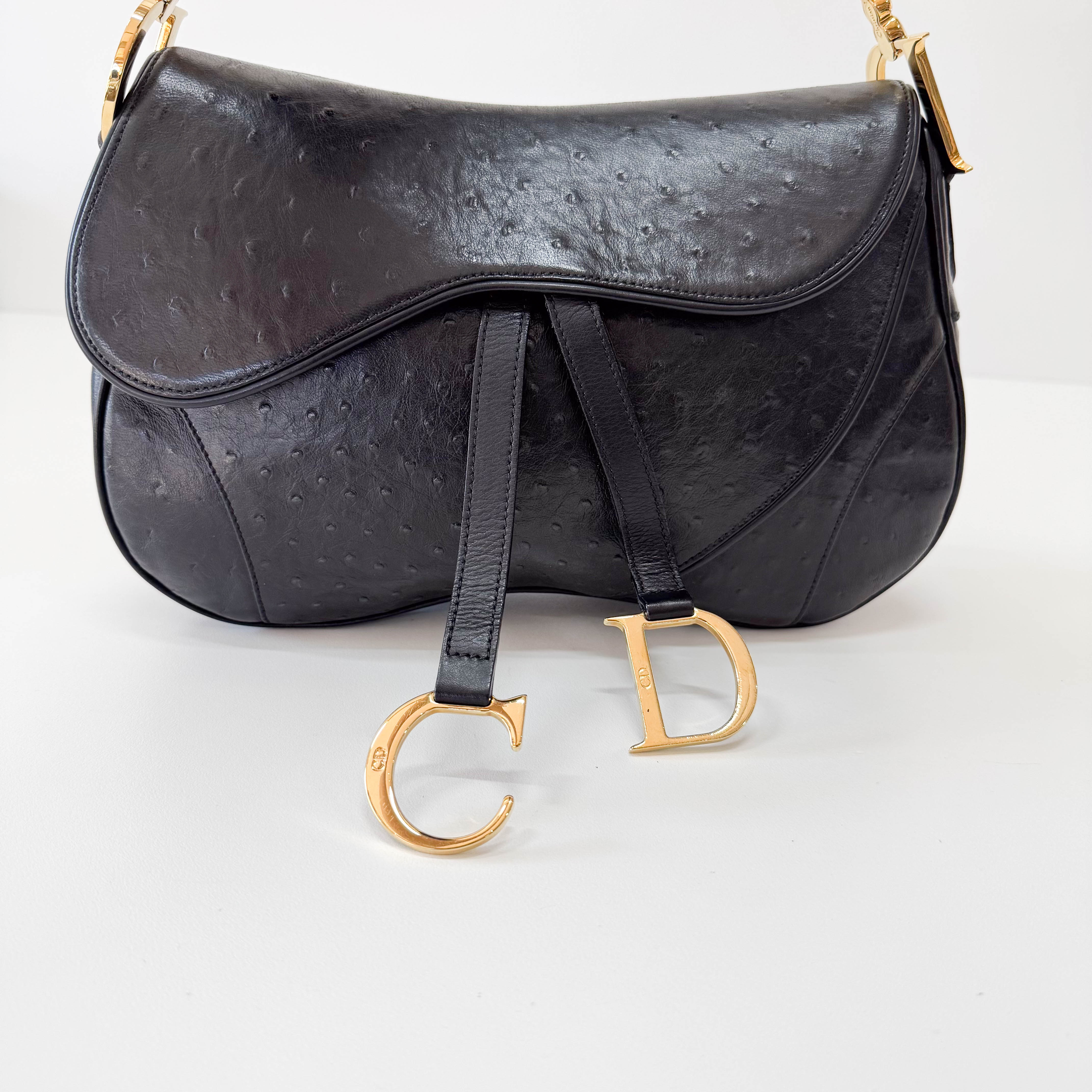 Double Saddle Ostrich Black Leather Shoulder Bag