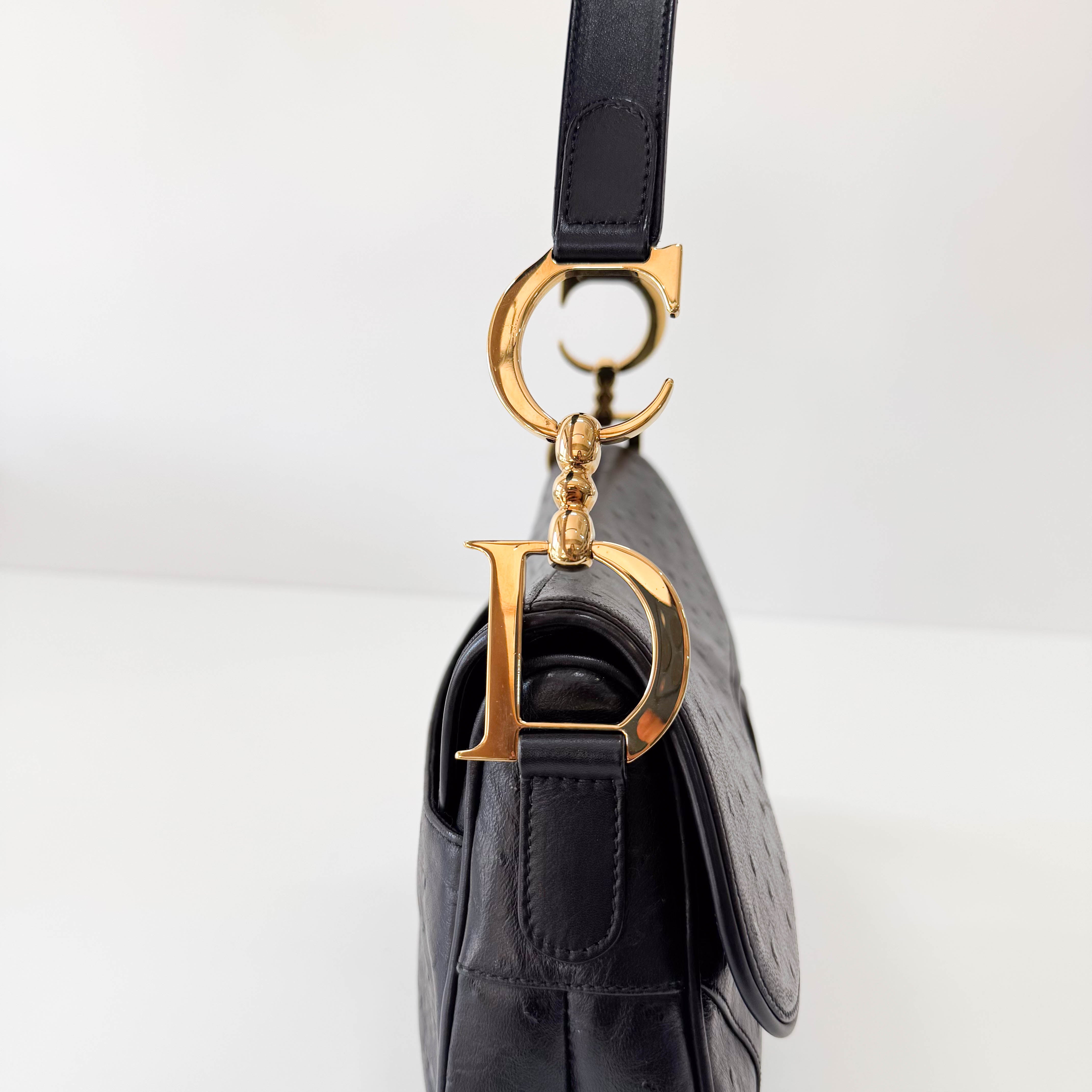Double Saddle Ostrich Black Leather Shoulder Bag