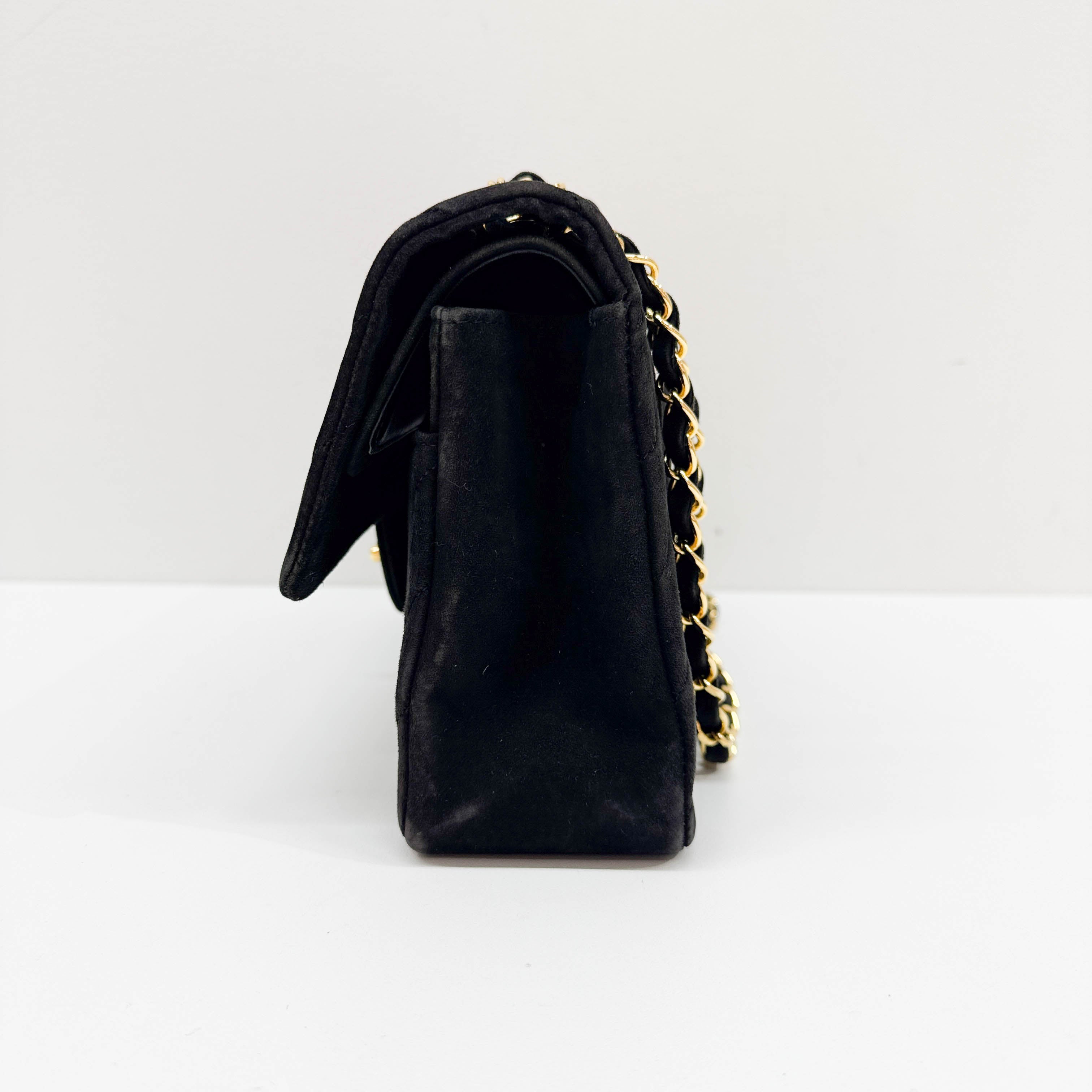 Classic Double Flap Chevron Black Suede Shoulder Bag