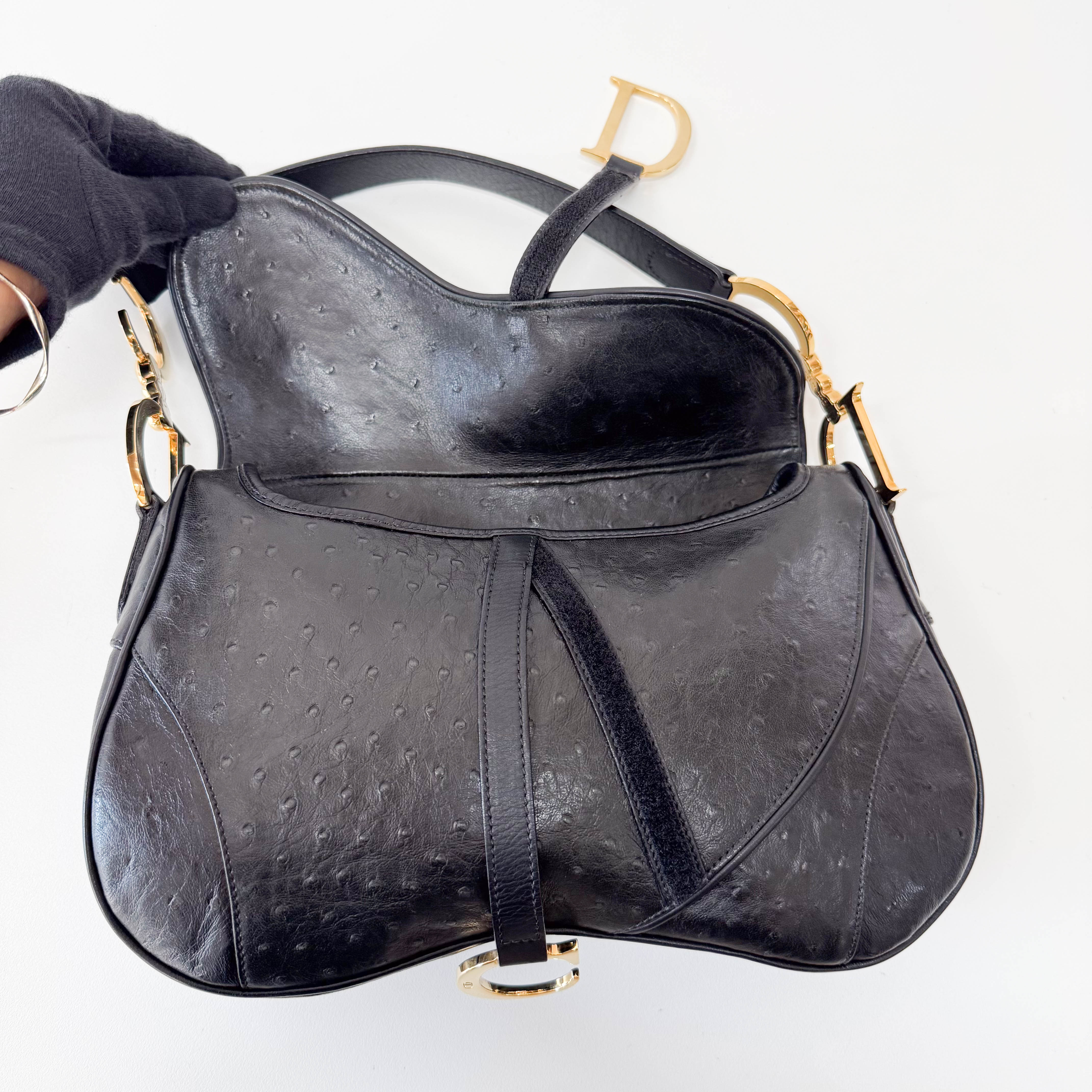 Double Saddle Ostrich Black Leather Shoulder Bag
