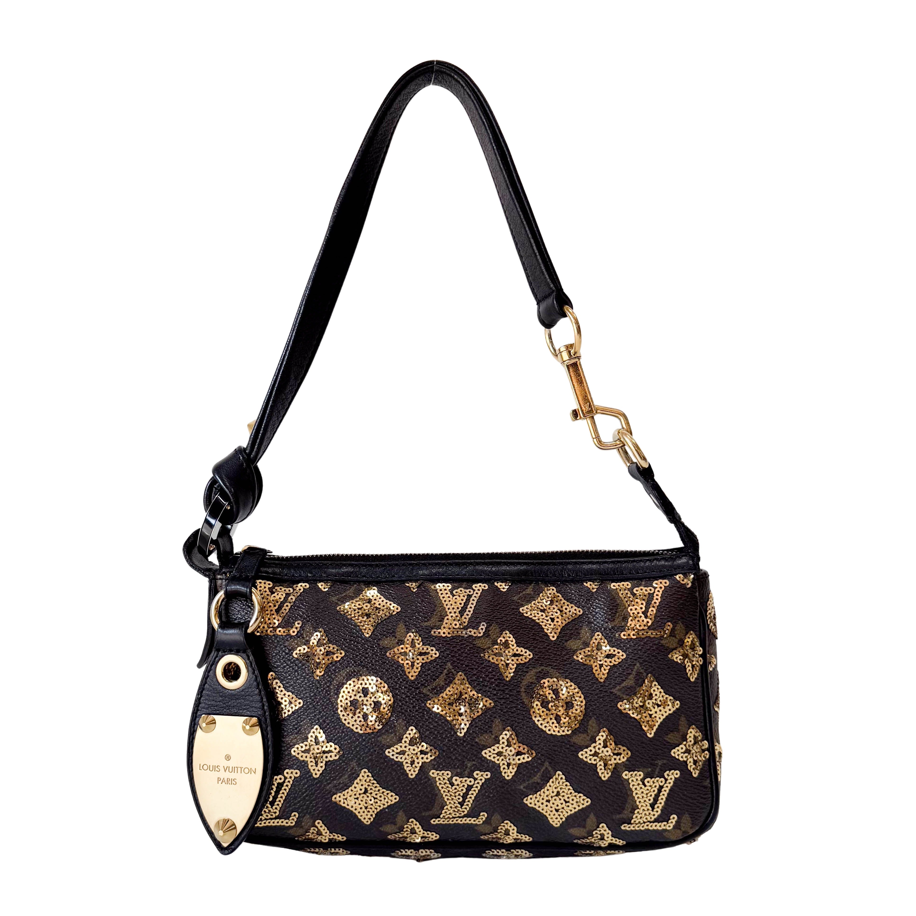 Gold Sequin Monogram in Black Leather Handbag
