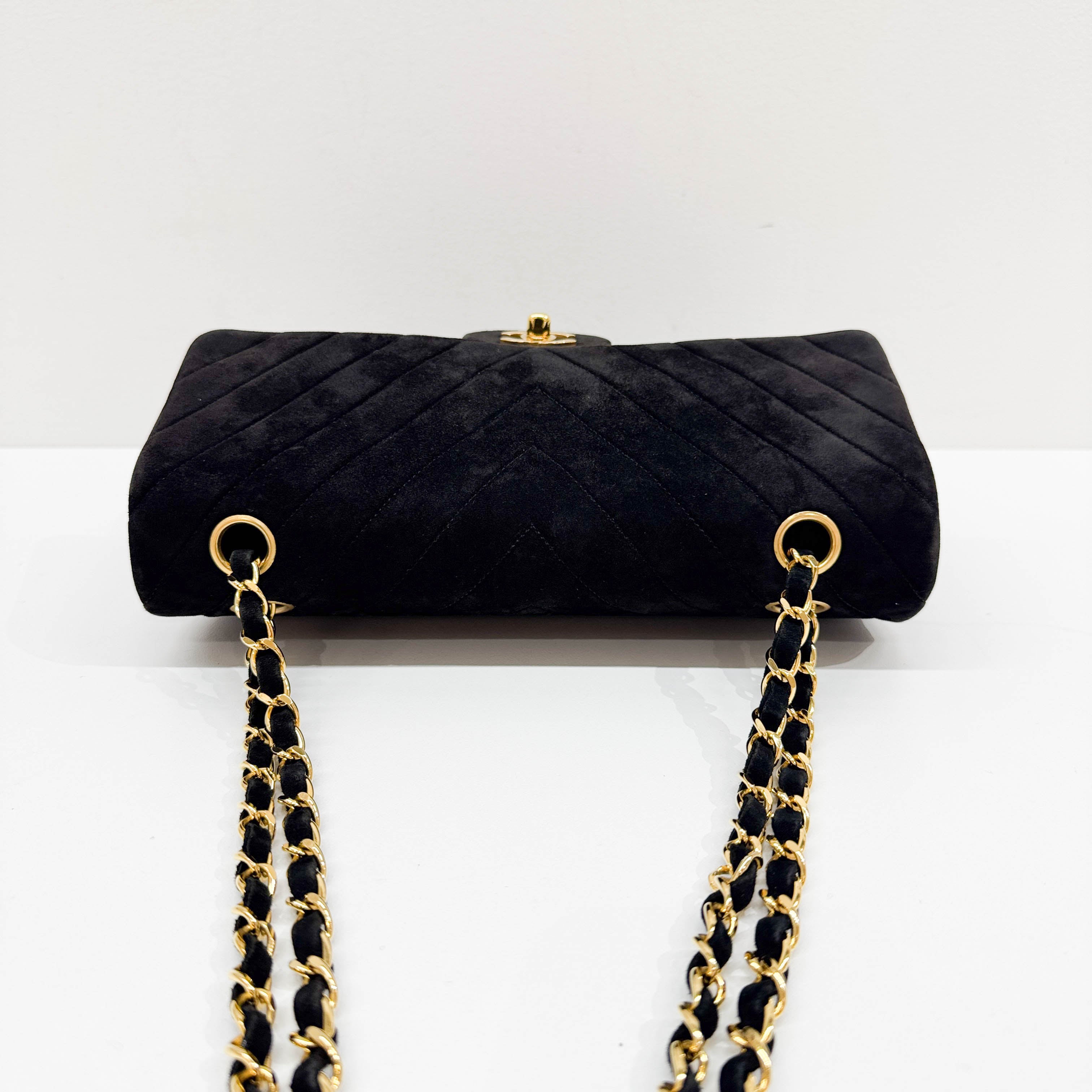 Classic Double Flap Chevron Black Suede Shoulder Bag