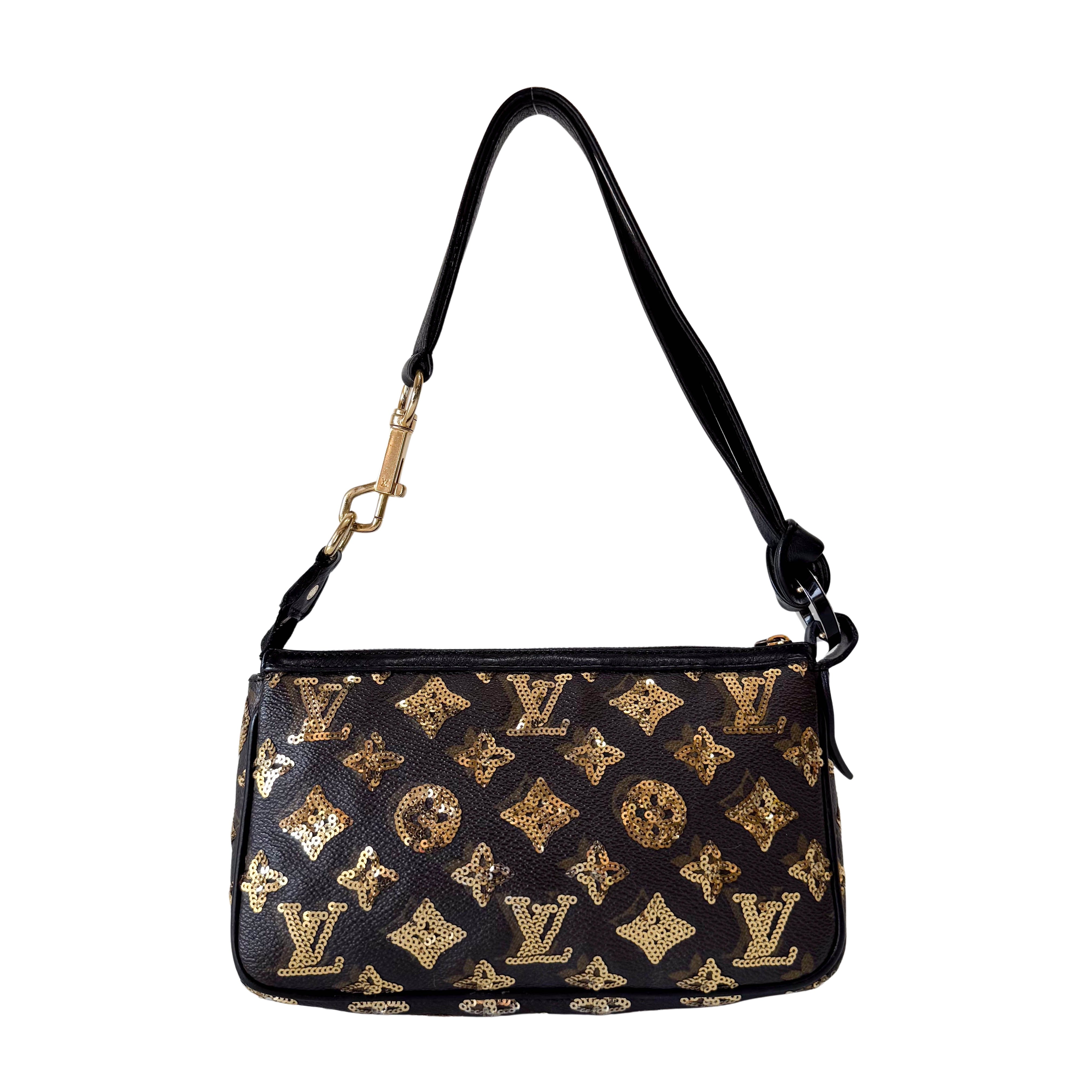 Gold Sequin Monogram in Black Leather Handbag