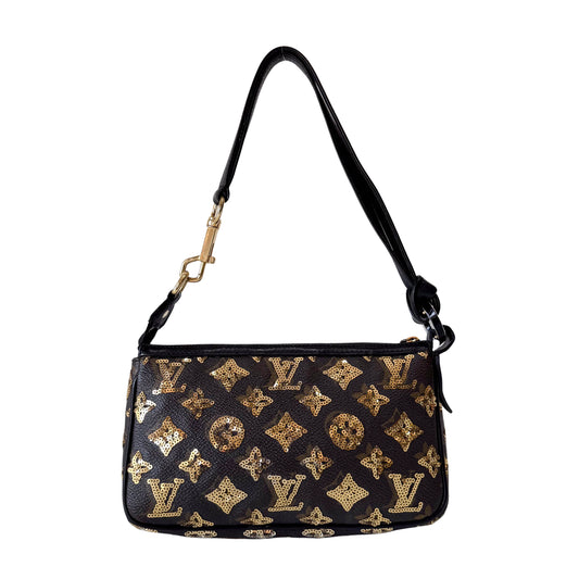 Gold Sequin Monogram in Black Leather Handbag