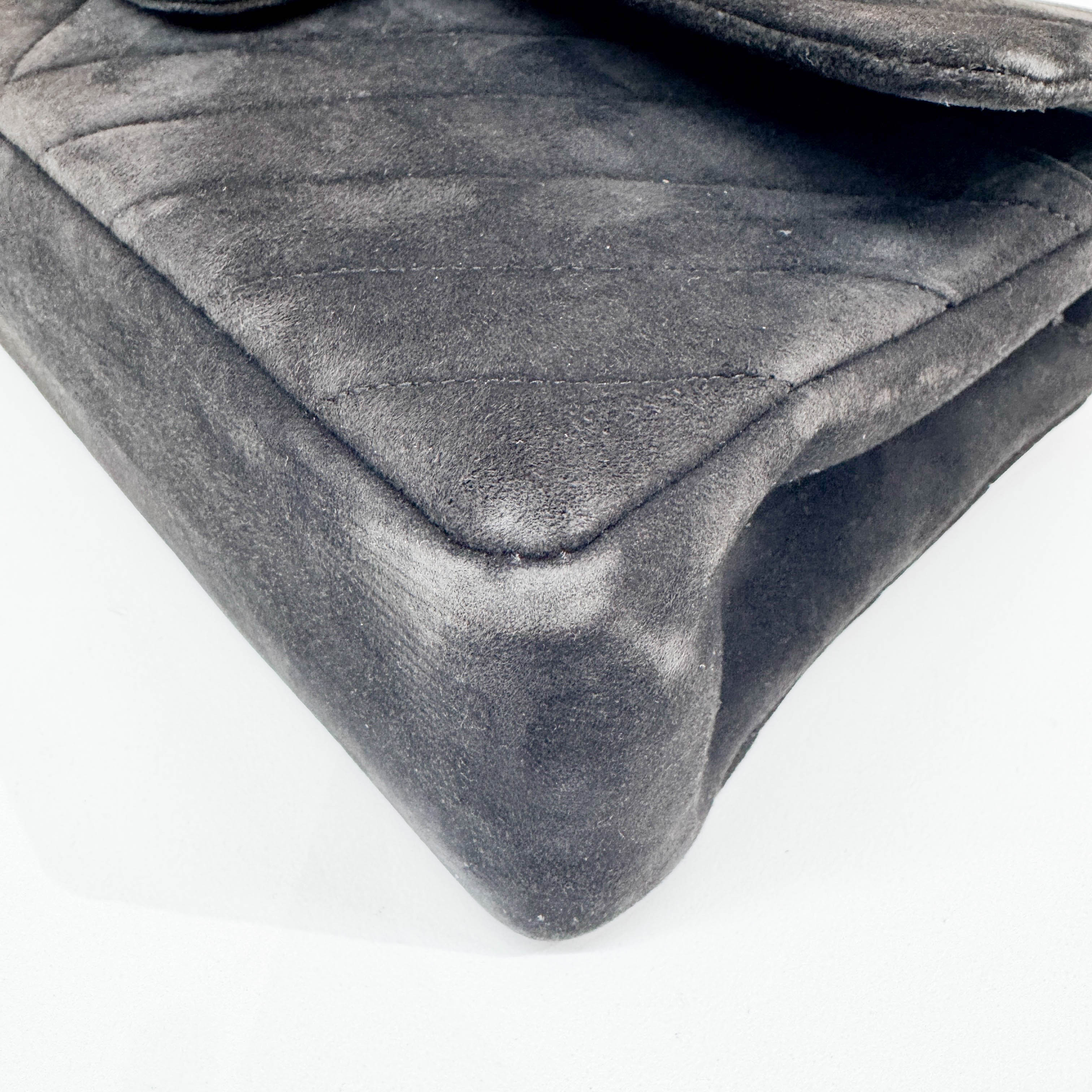 Classic Double Flap Chevron Black Suede Shoulder Bag