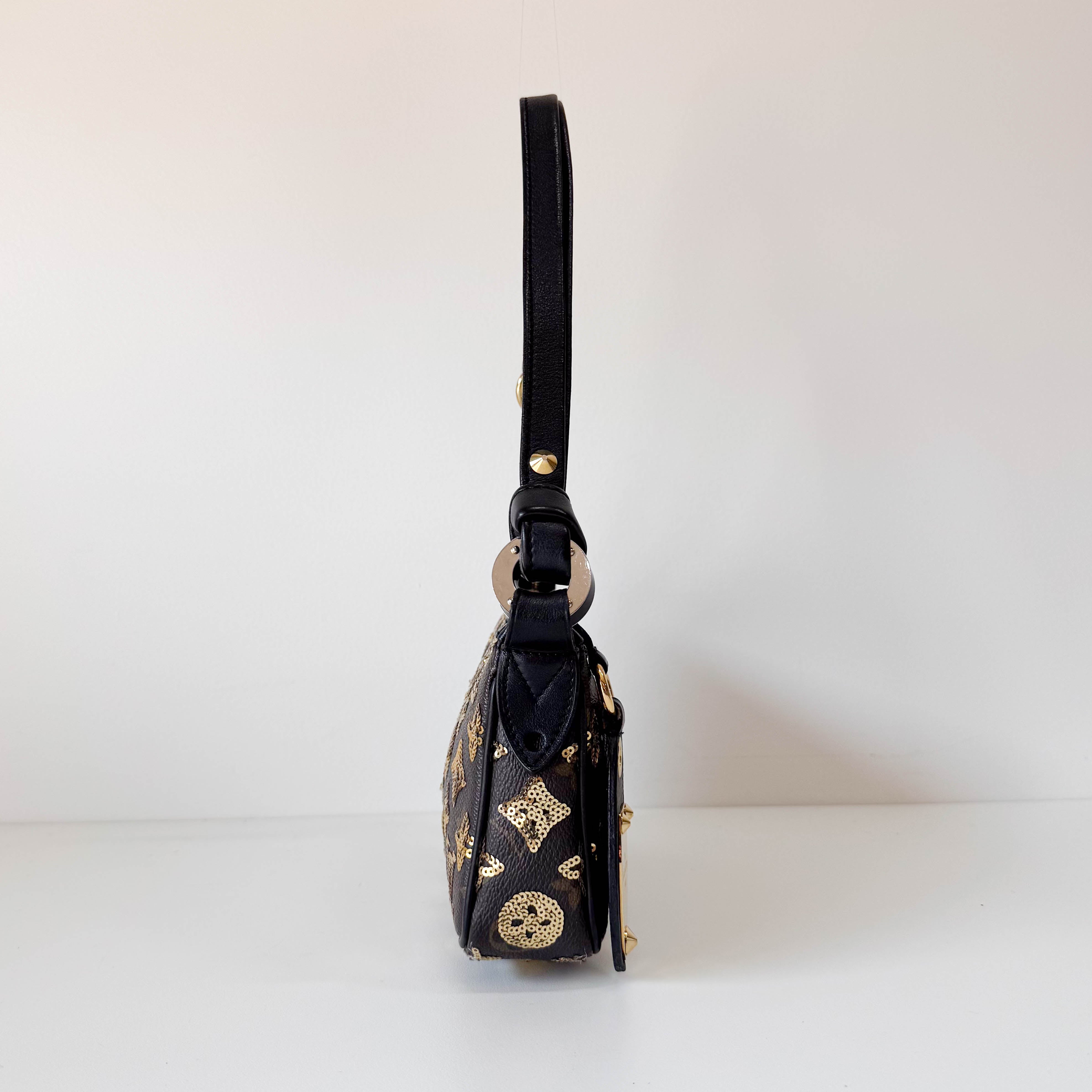 Gold Sequin Monogram in Black Leather Handbag