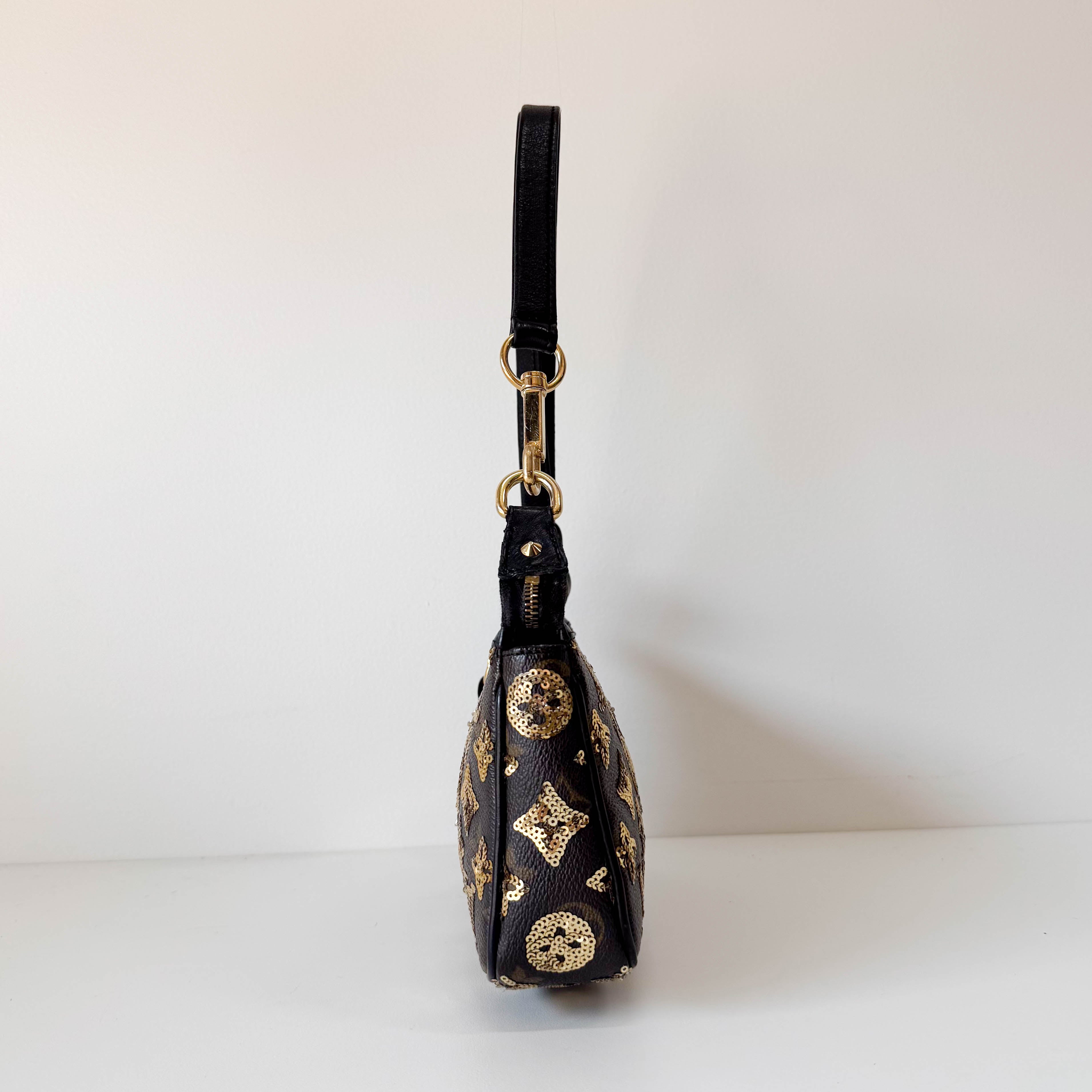 Gold Sequin Monogram in Black Leather Handbag