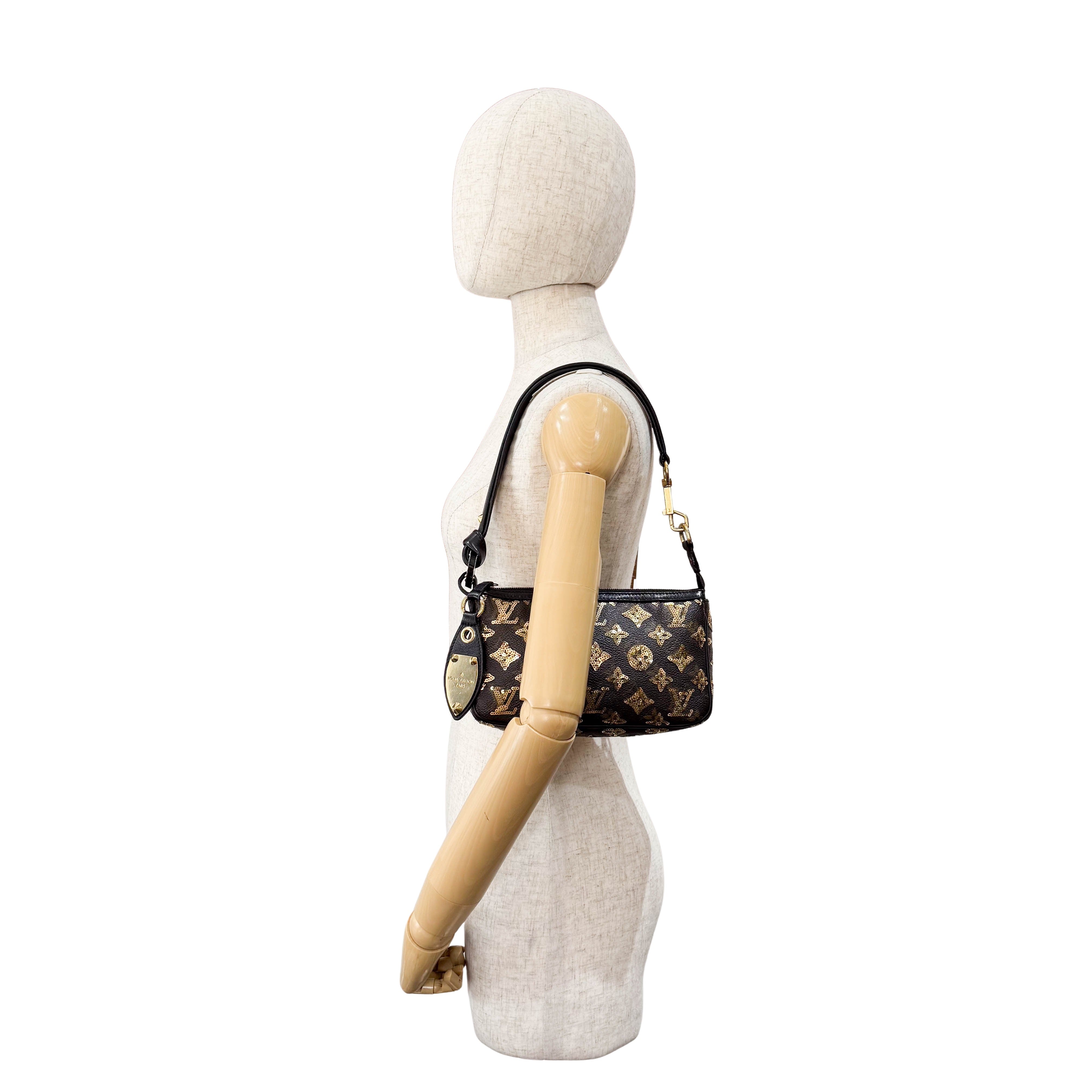 Gold Sequin Monogram in Black Leather Handbag