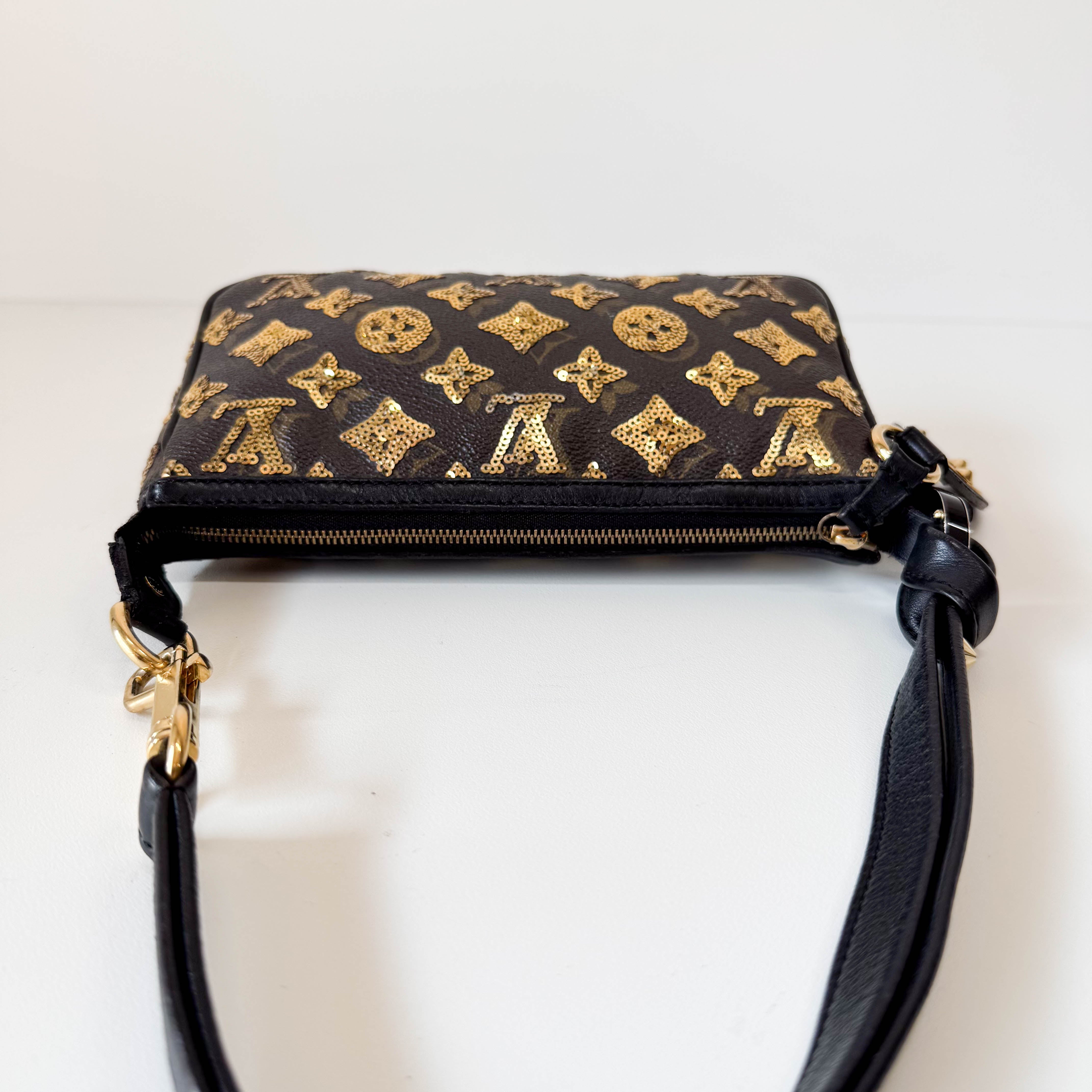 Gold Sequin Monogram in Black Leather Handbag