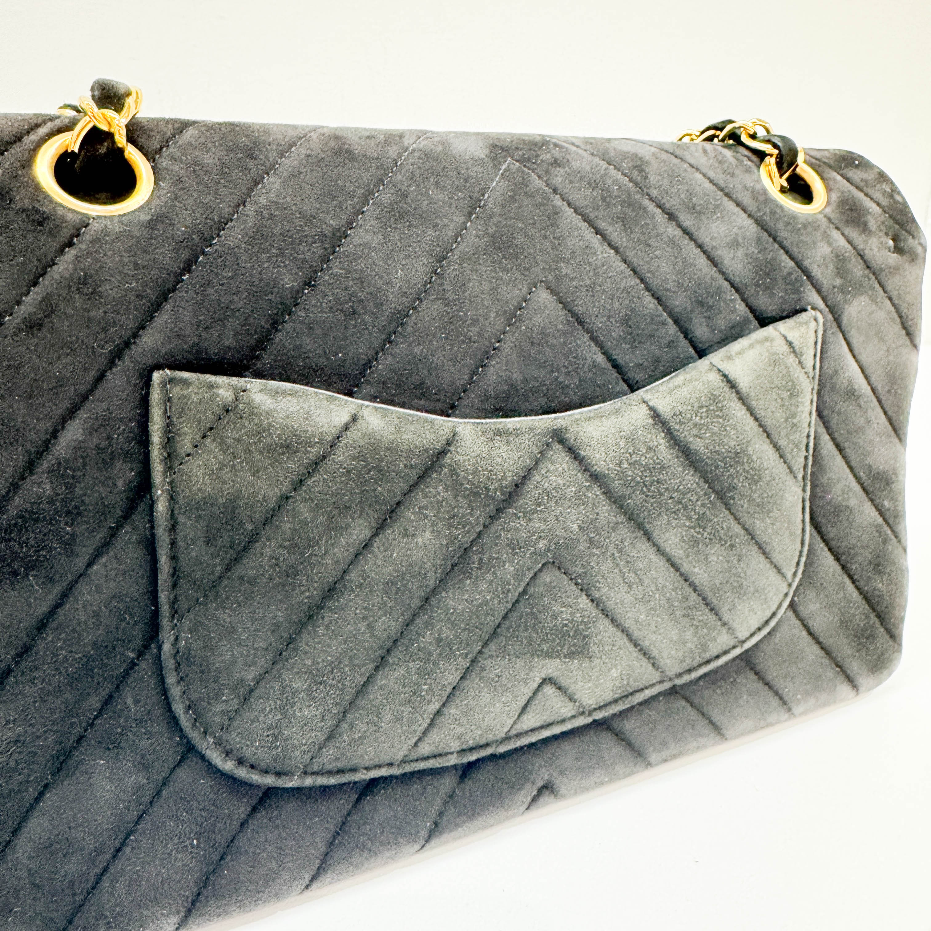 Classic Double Flap Chevron Black Suede Shoulder Bag