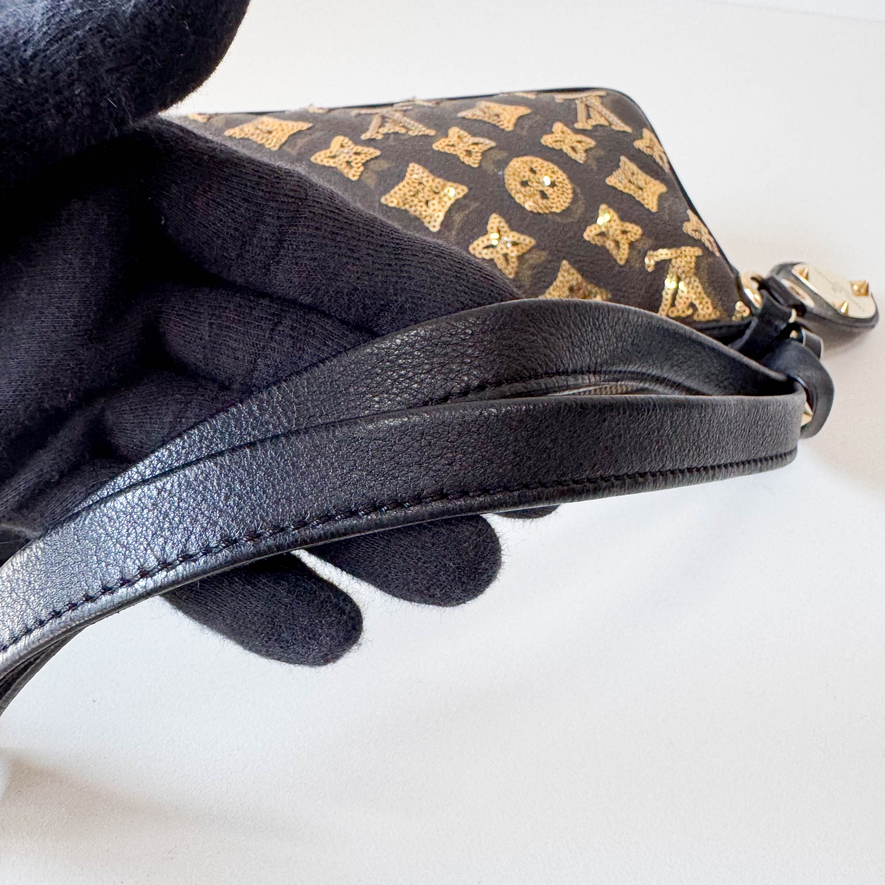 Gold Sequin Monogram in Black Leather Handbag