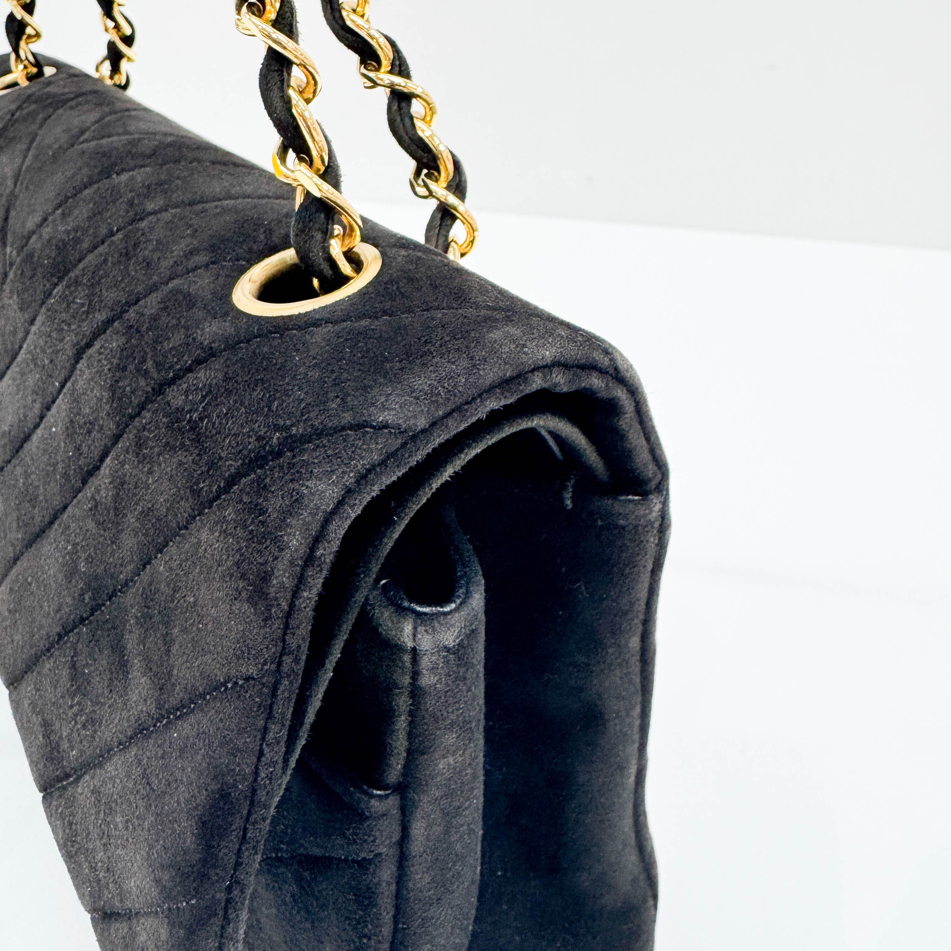 Classic Double Flap Chevron Black Suede Shoulder Bag
