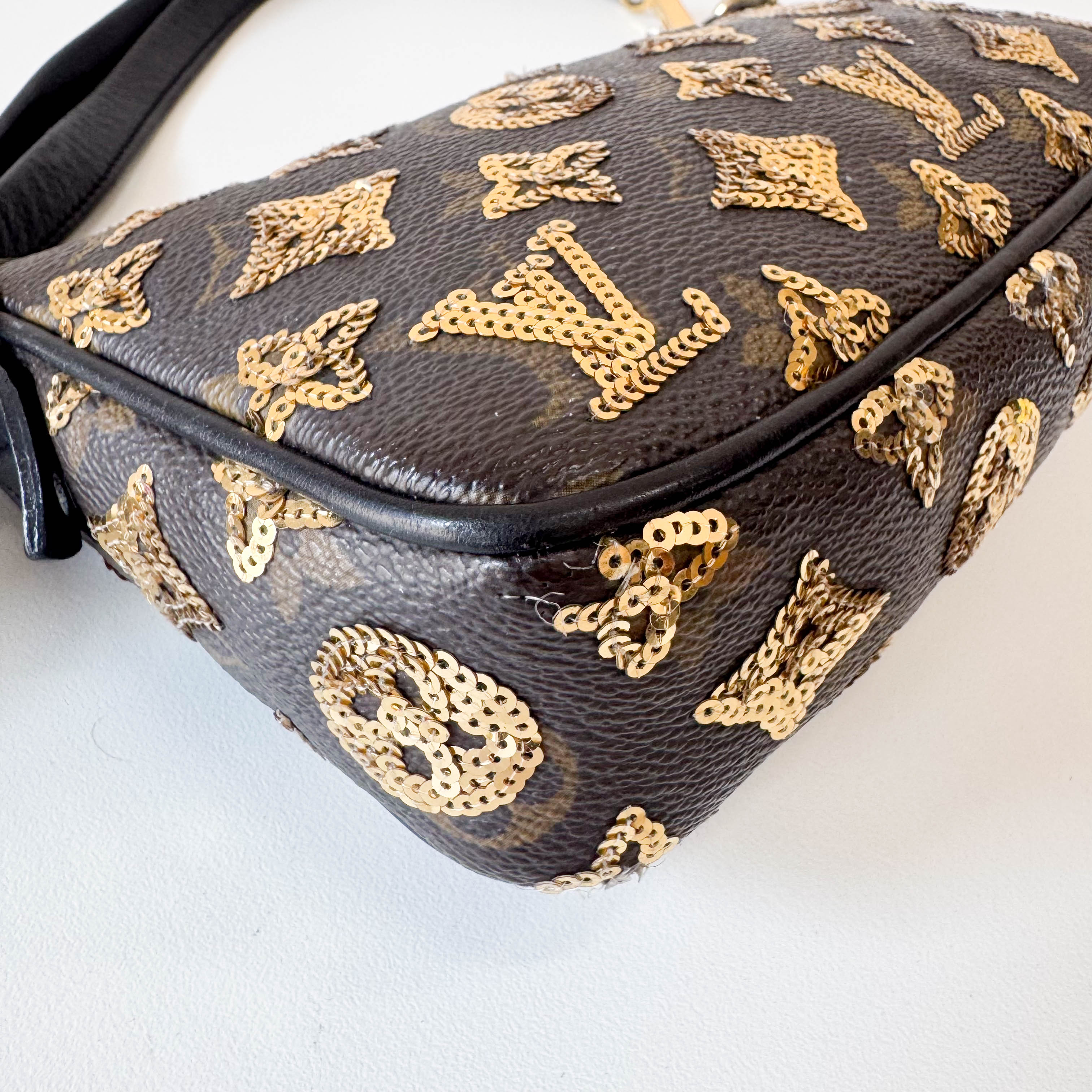 Gold Sequin Monogram in Black Leather Handbag