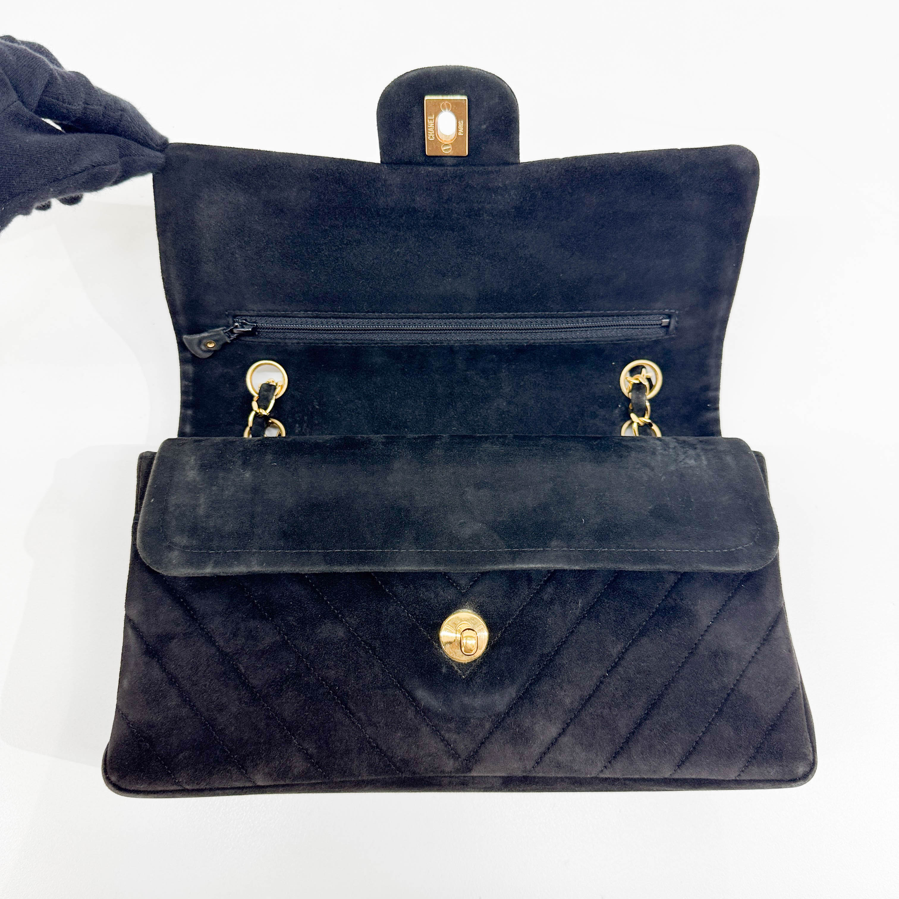 Classic Double Flap Chevron Black Suede Shoulder Bag