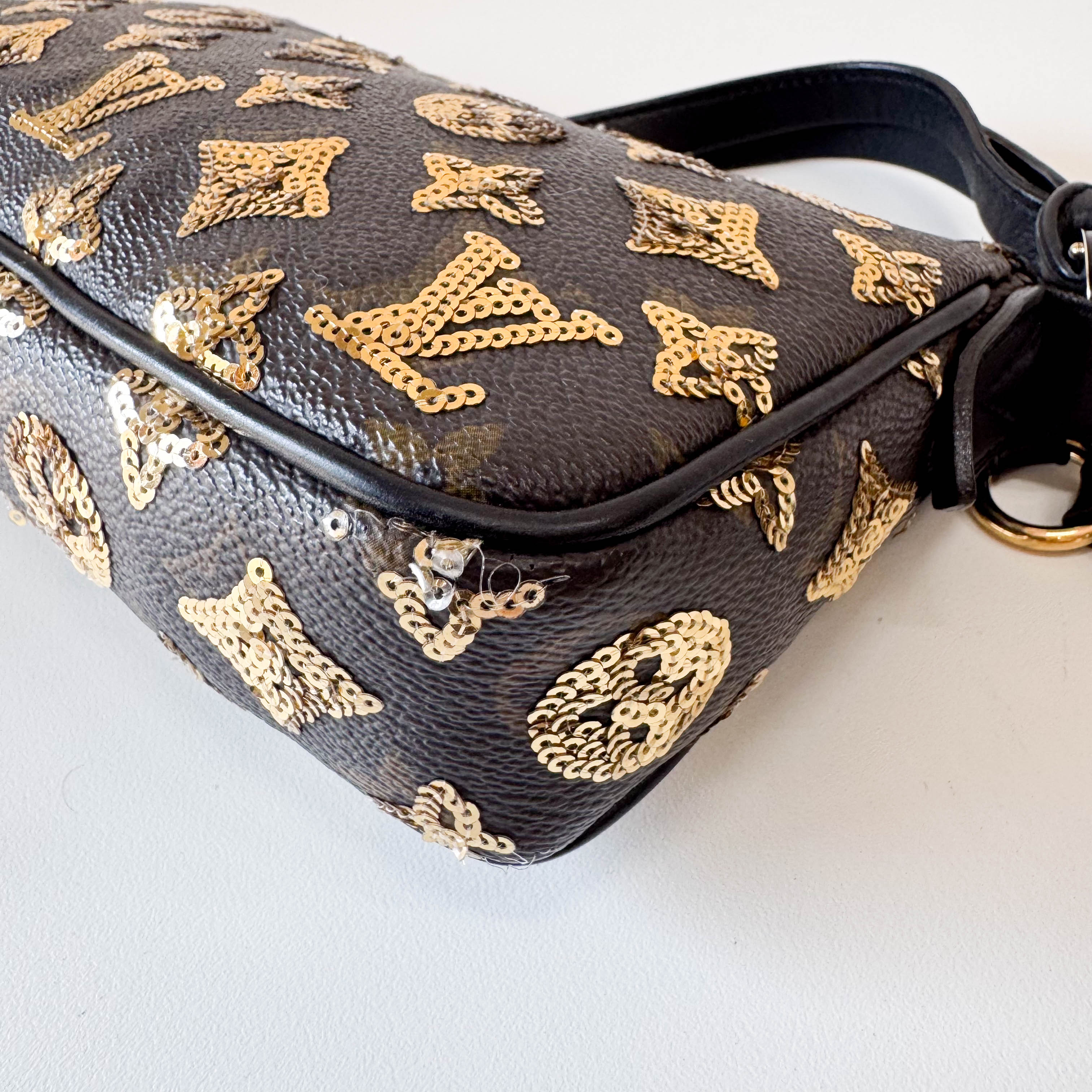 Gold Sequin Monogram in Black Leather Handbag