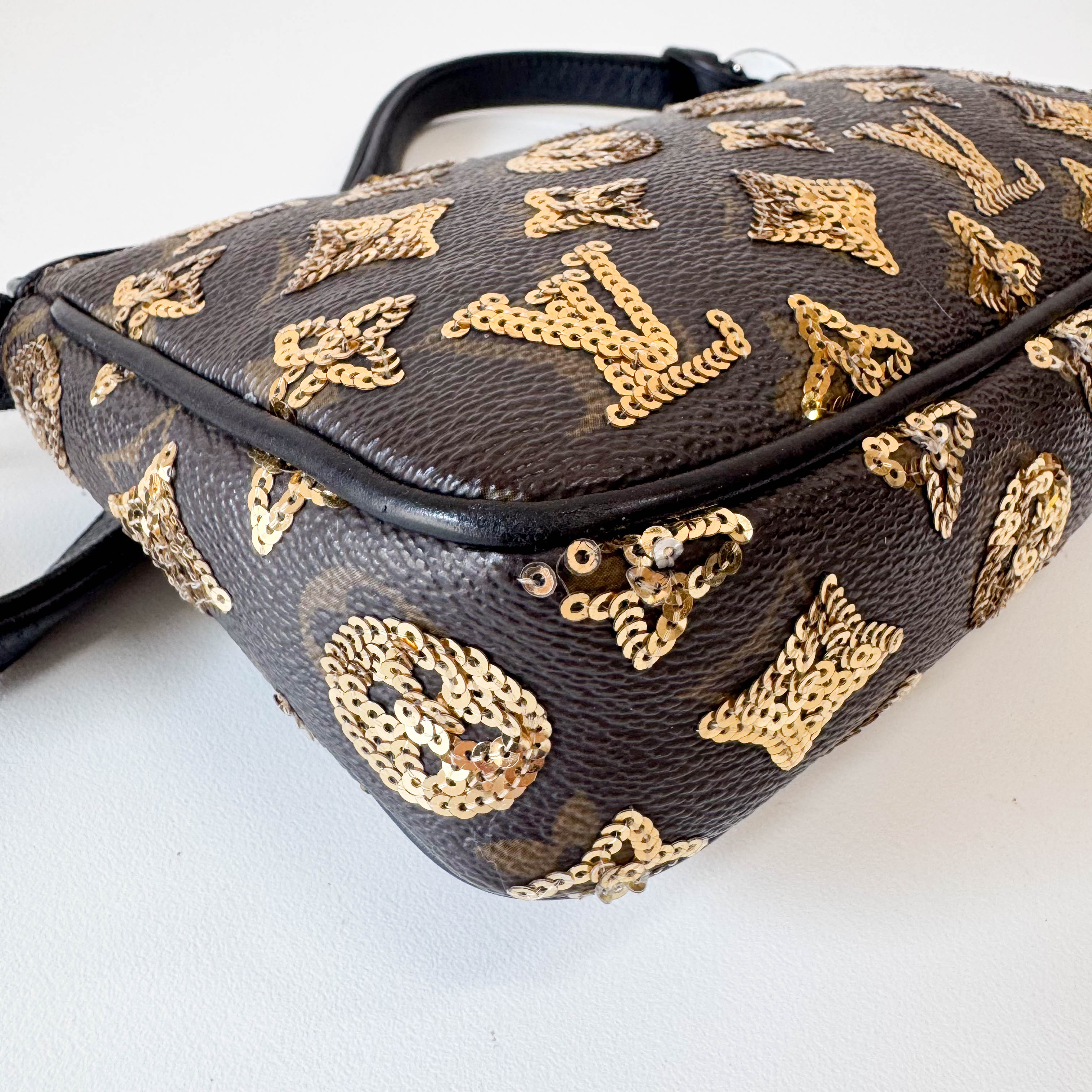 Gold Sequin Monogram in Black Leather Handbag