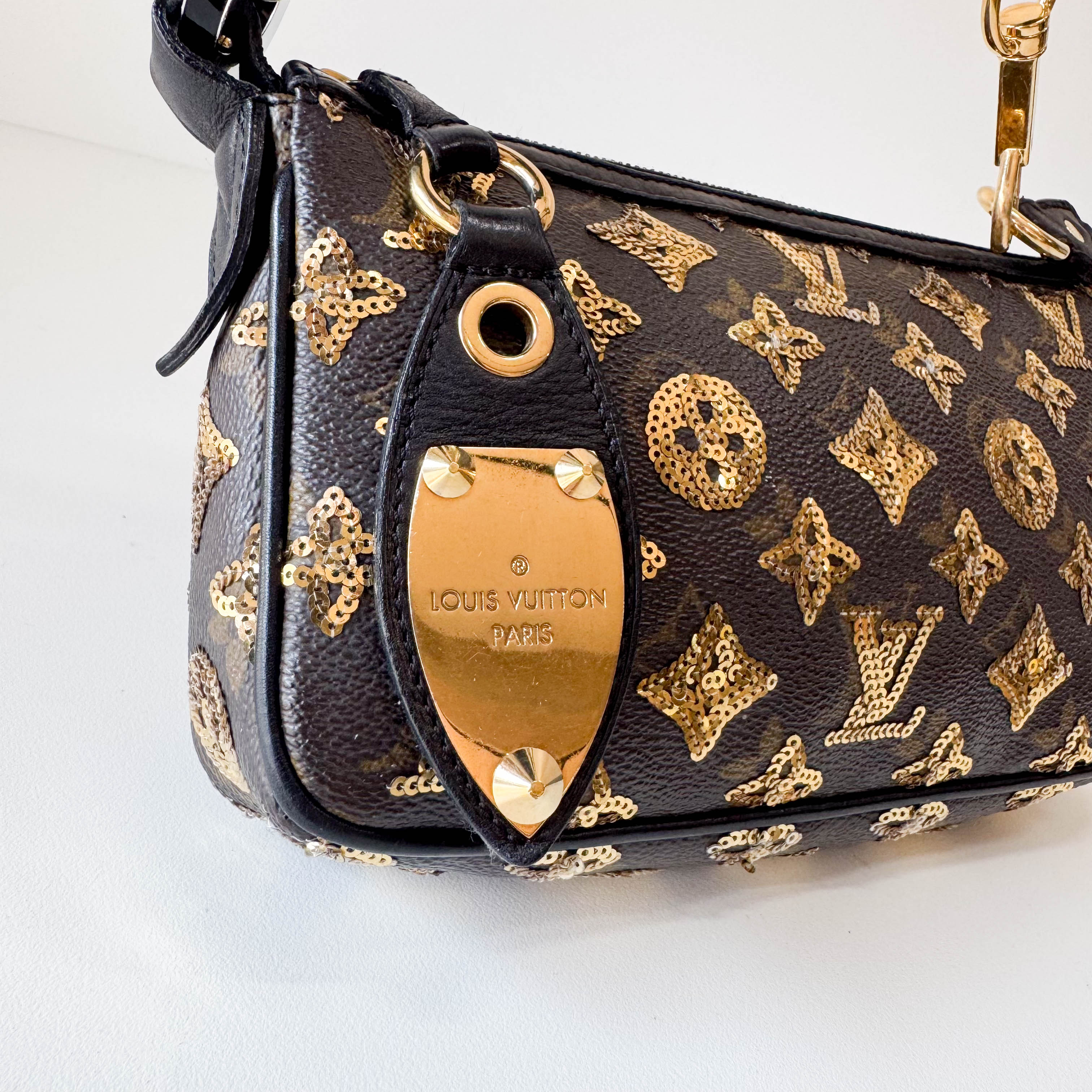 Gold Sequin Monogram in Black Leather Handbag