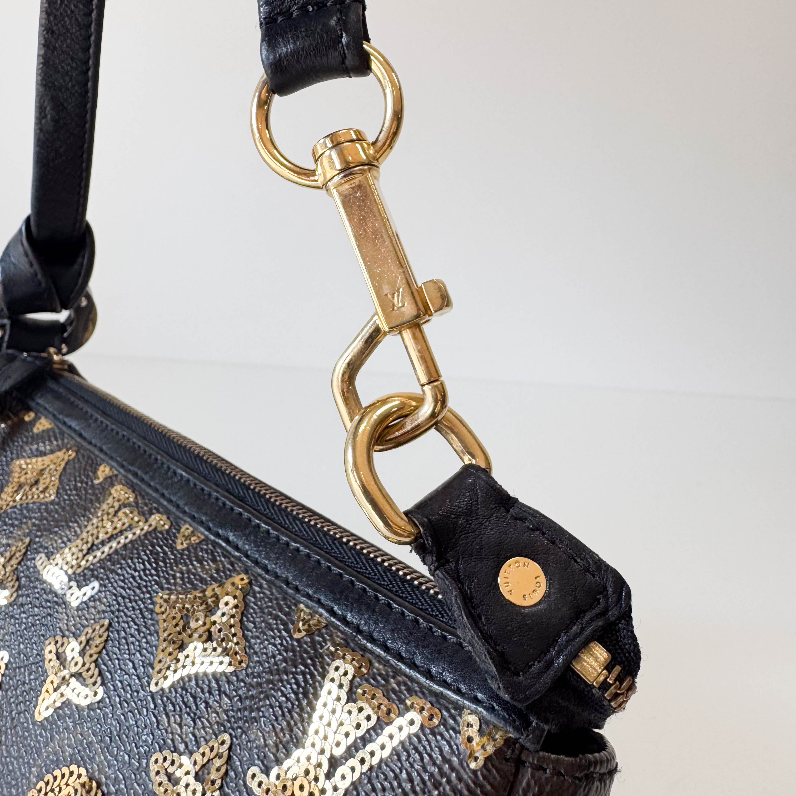 Gold Sequin Monogram in Black Leather Handbag