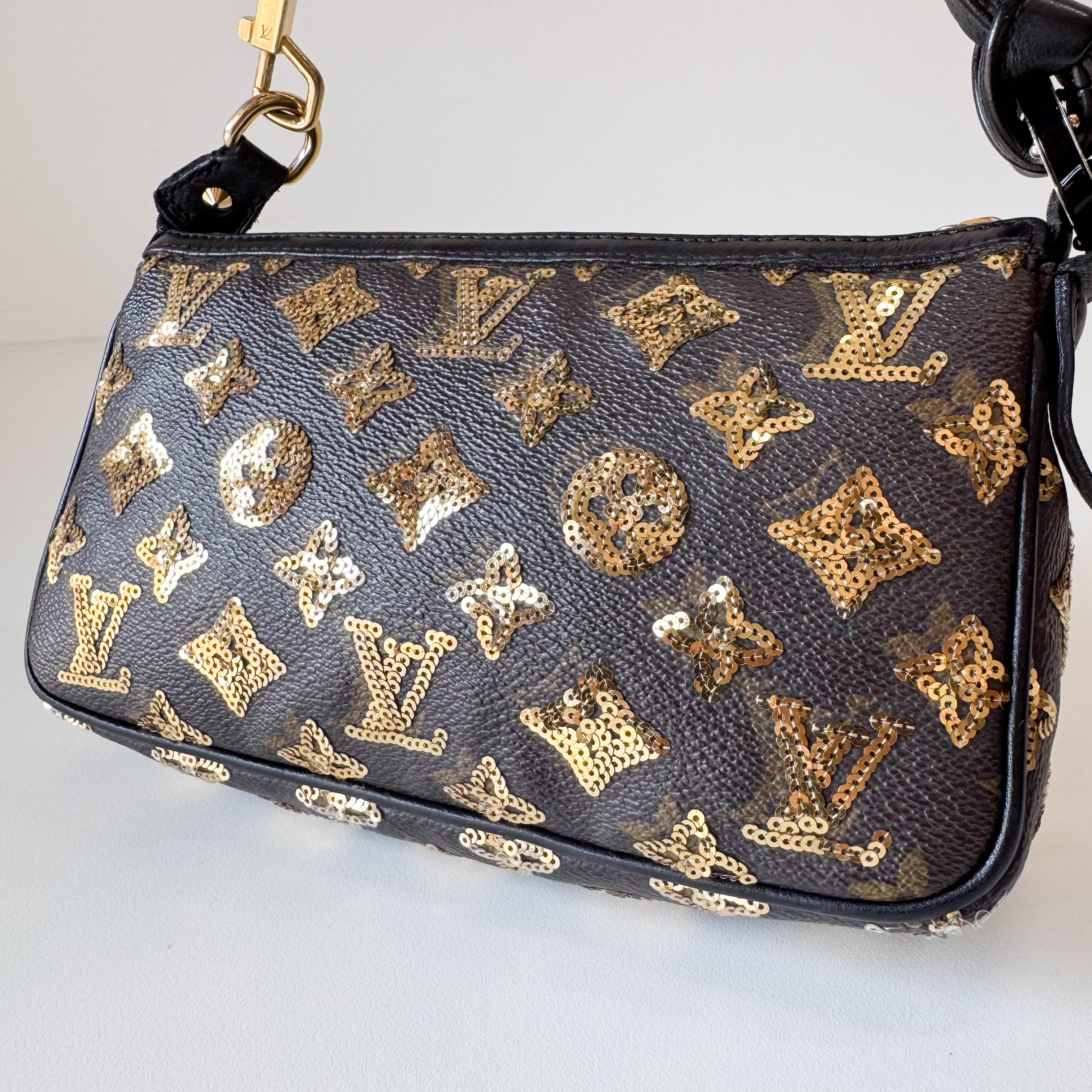 Gold Sequin Monogram in Black Leather Handbag