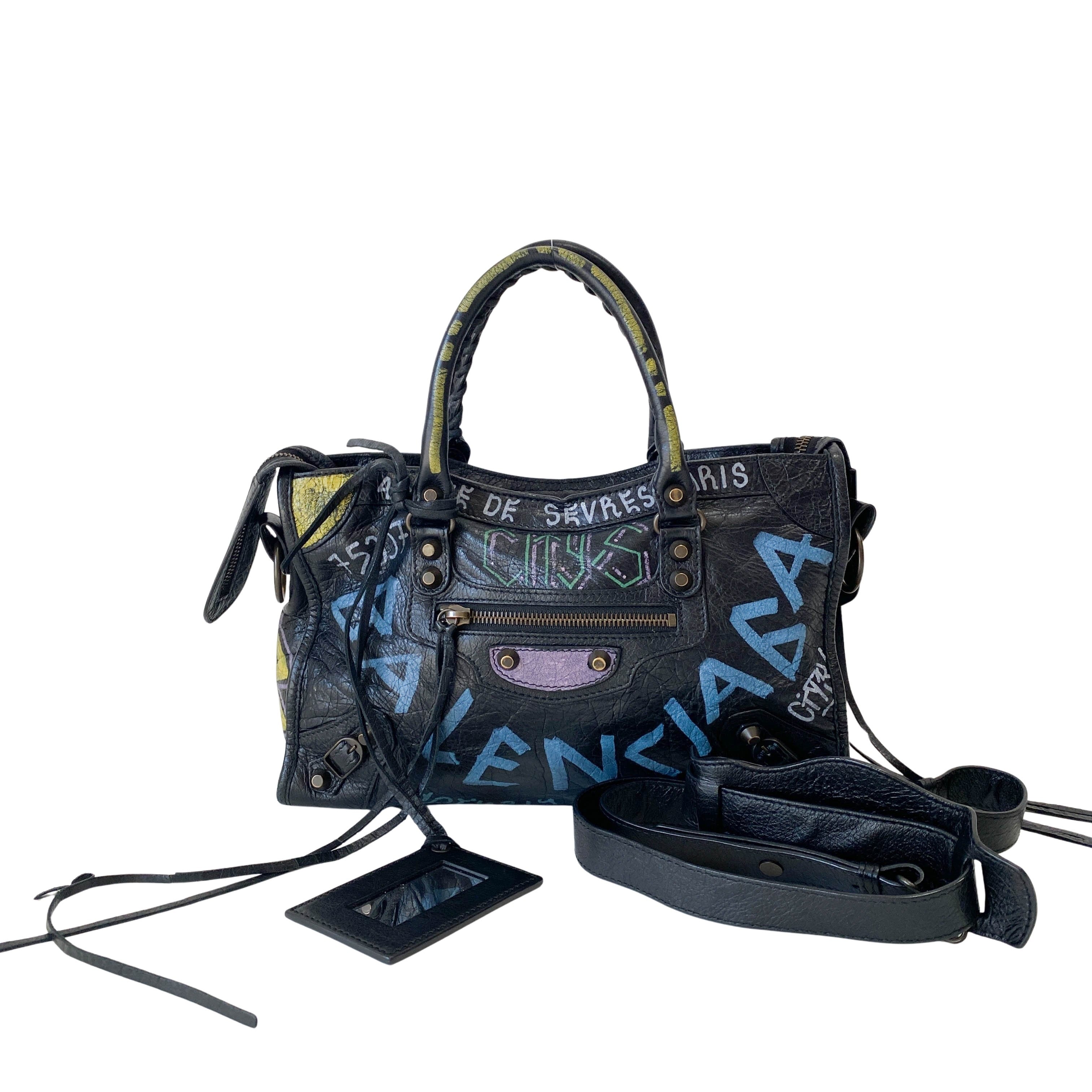 Graffiti The City Black Leather Hand Bag