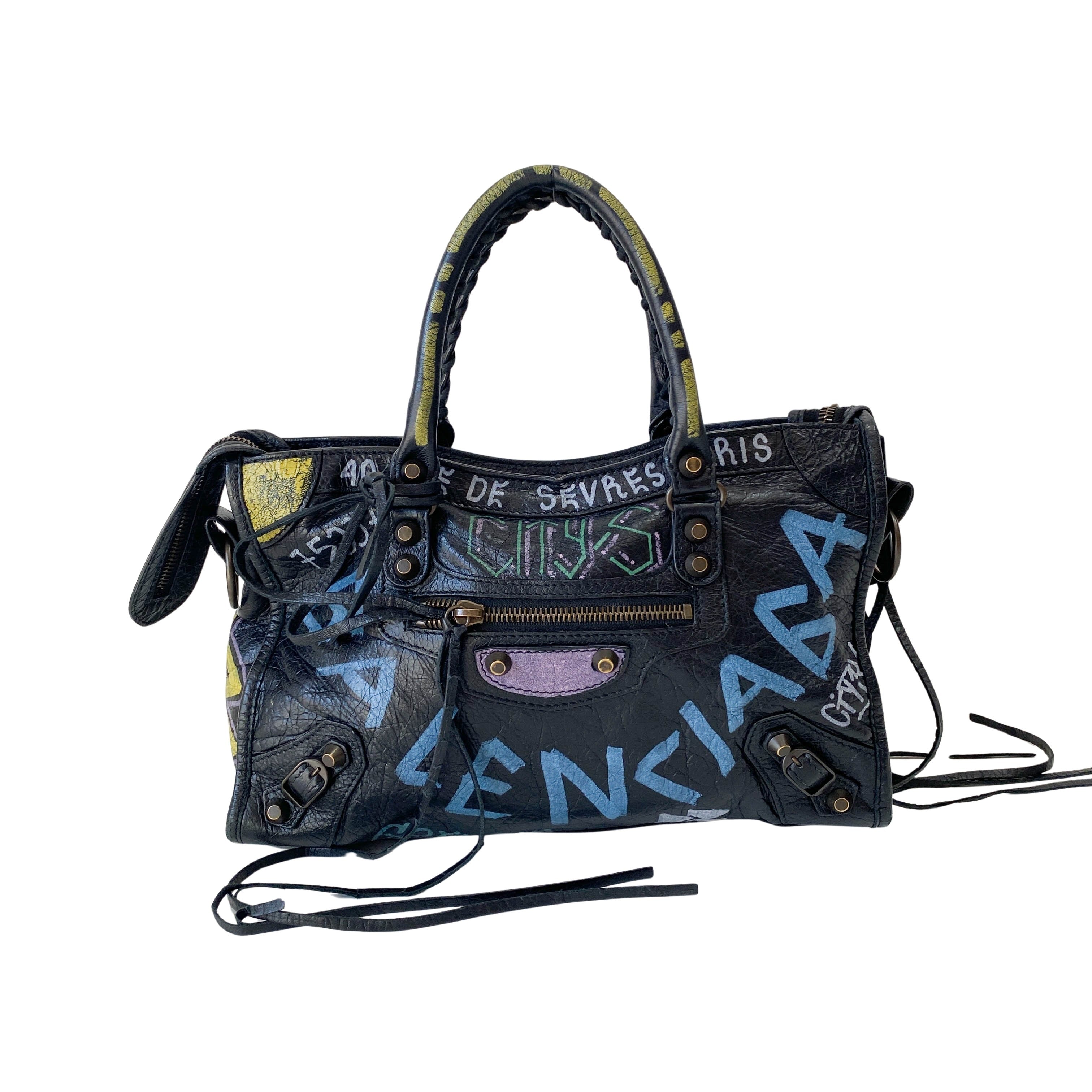 Graffiti The City Black Leather Hand Bag