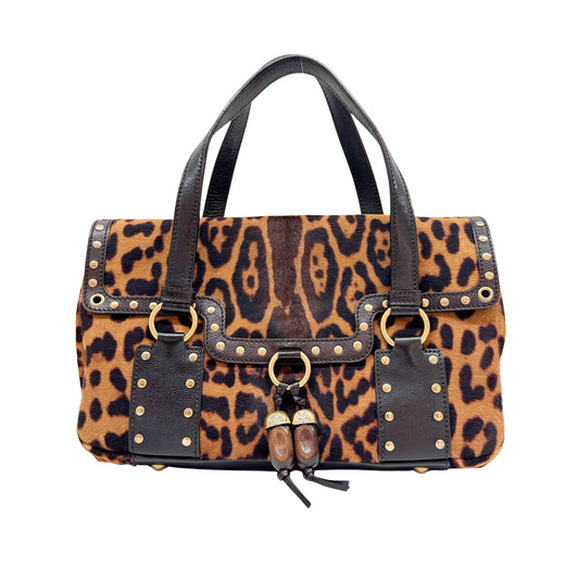 Studded Leather Trim Brown Leopard Print Pony Hair Shoulder Bag