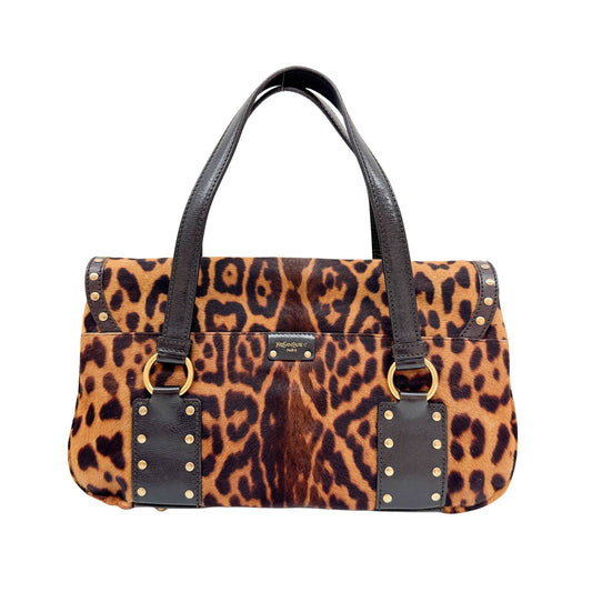 Studded Leather Trim Brown Leopard Print Pony Hair Shoulder Bag