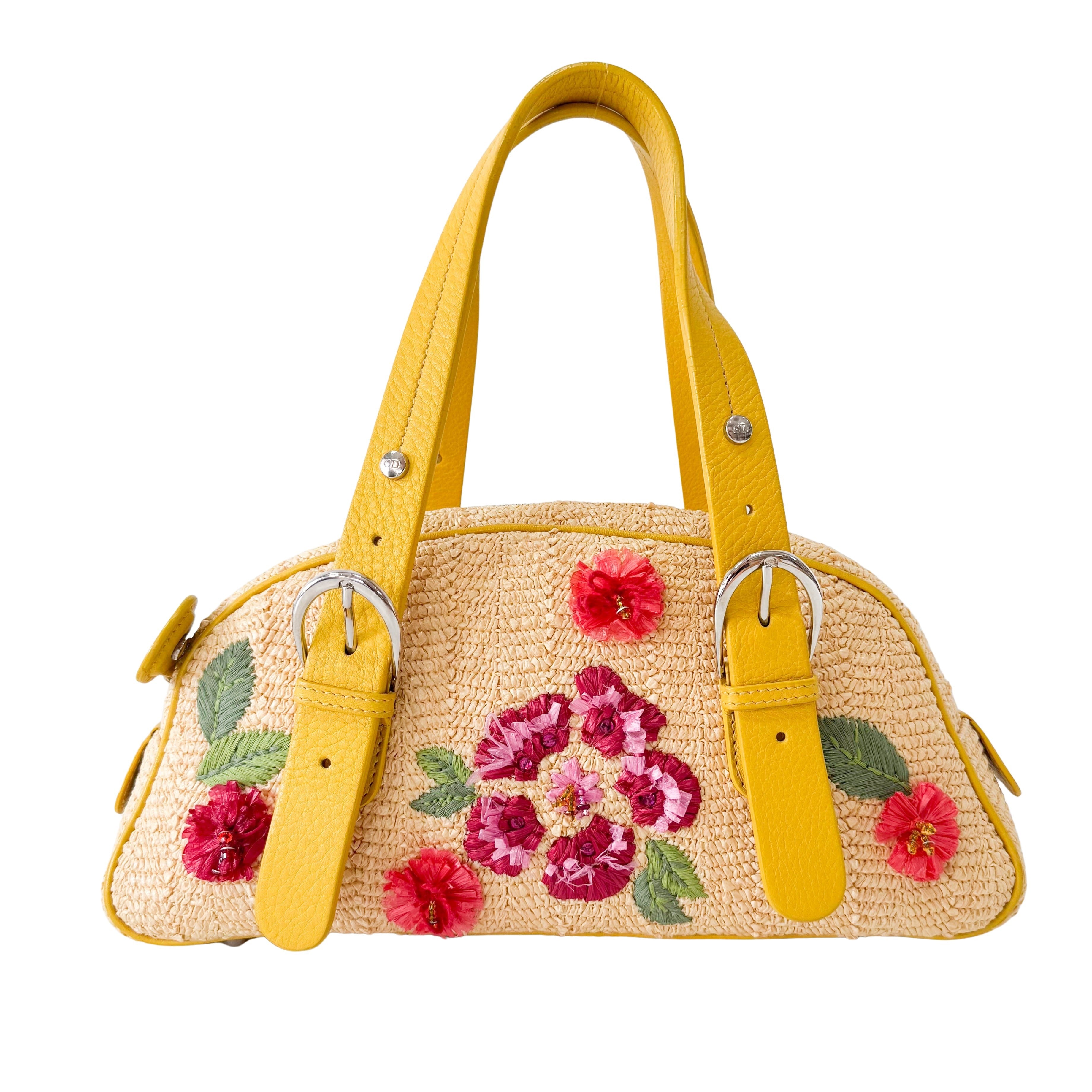 Flowers Embroidery in Straw and Yellow Leather Bag