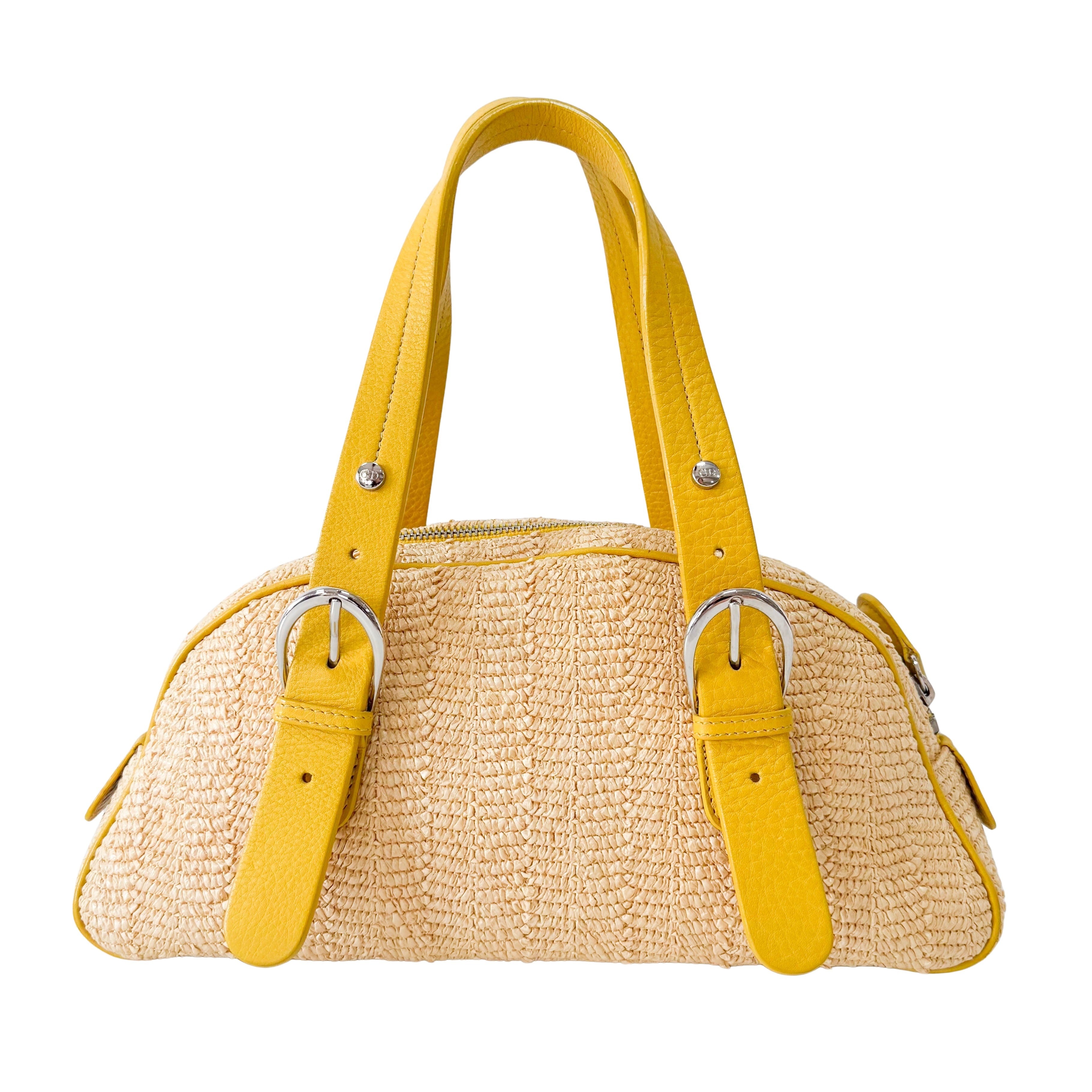 Flowers Embroidery in Straw and Yellow Leather Bag