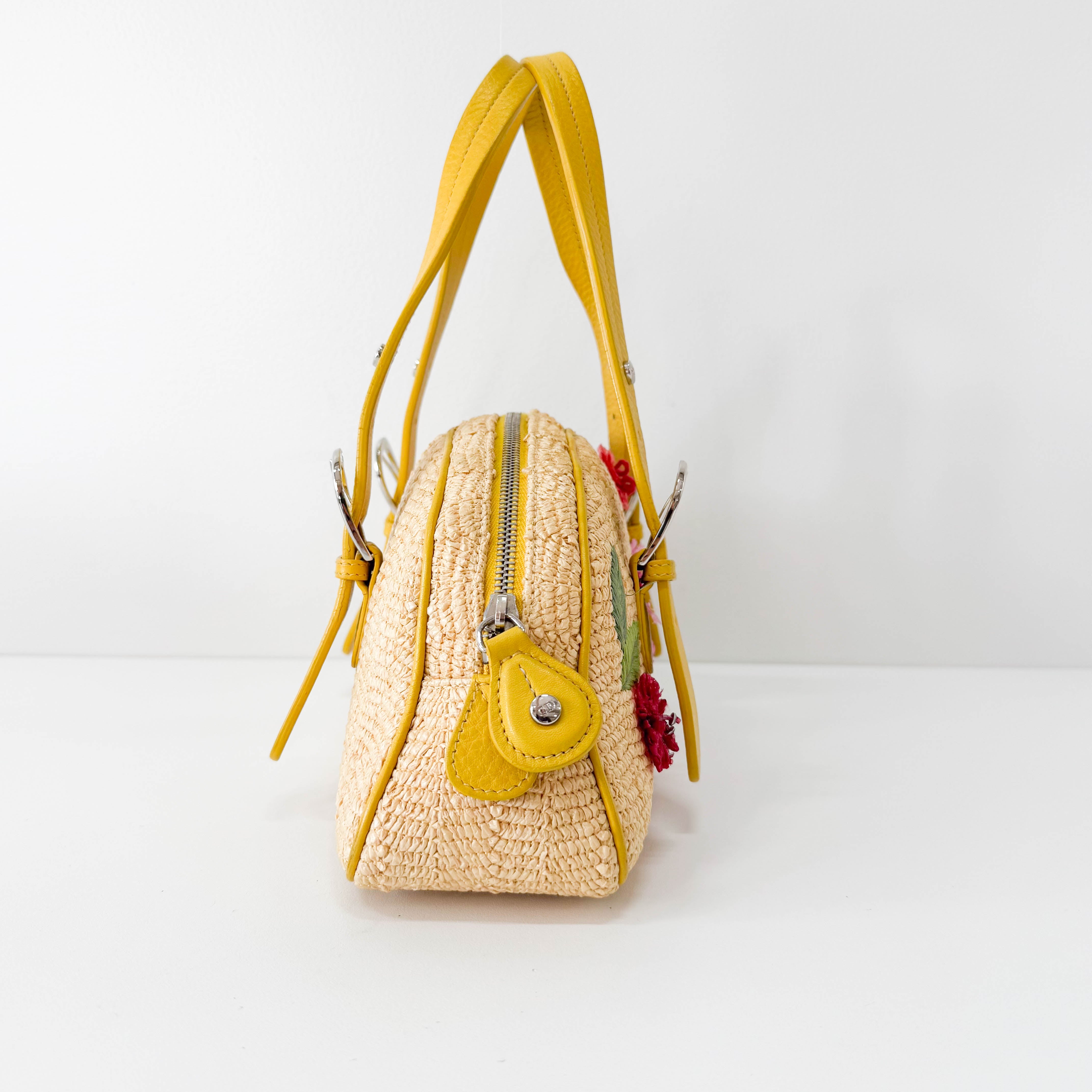 Flowers Embroidery in Straw and Yellow Leather Bag