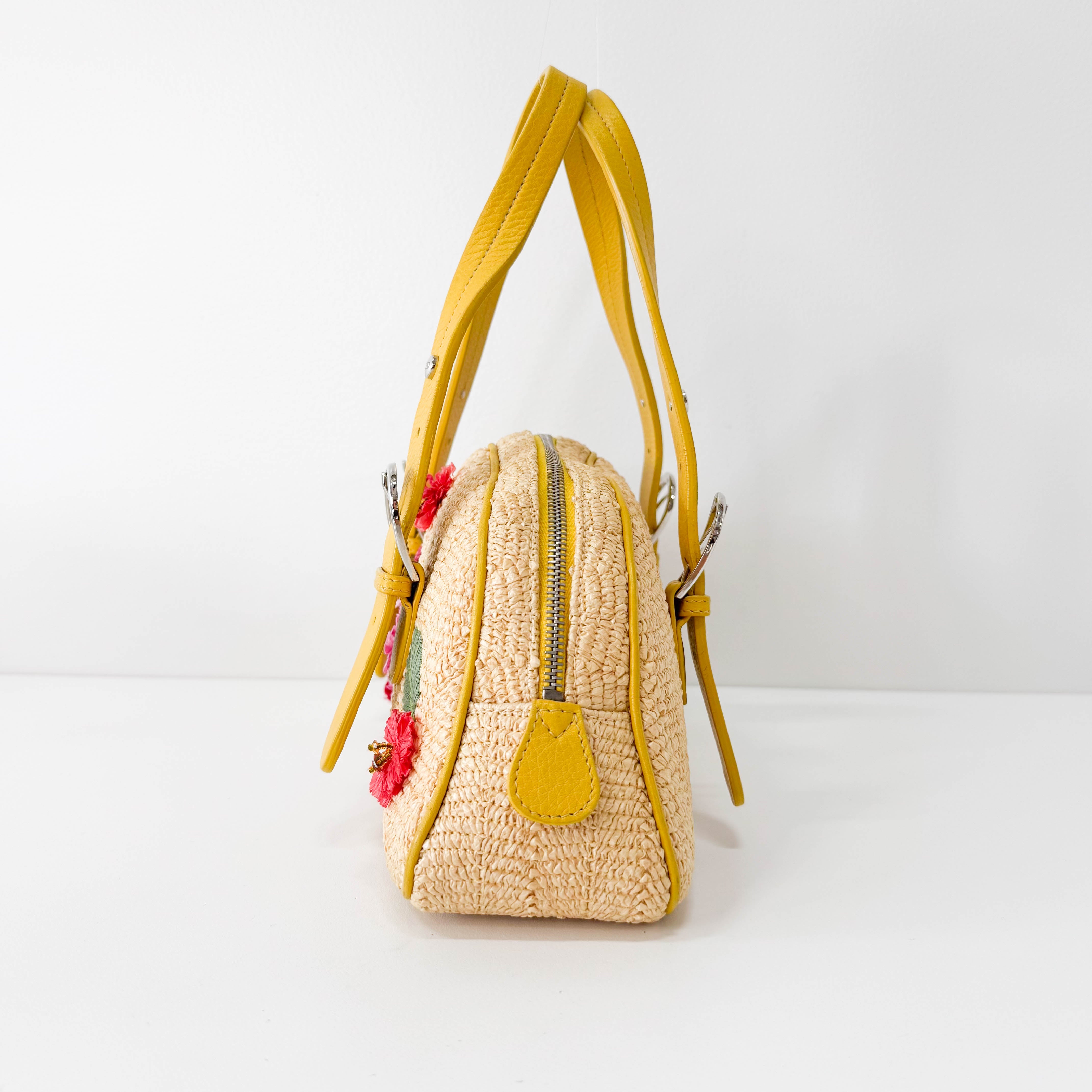 Flowers Embroidery in Straw and Yellow Leather Bag