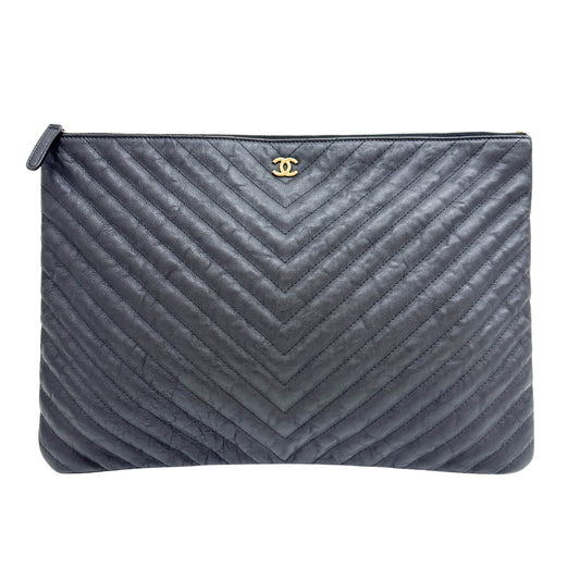 Chevron Black Leather Clutch Bag