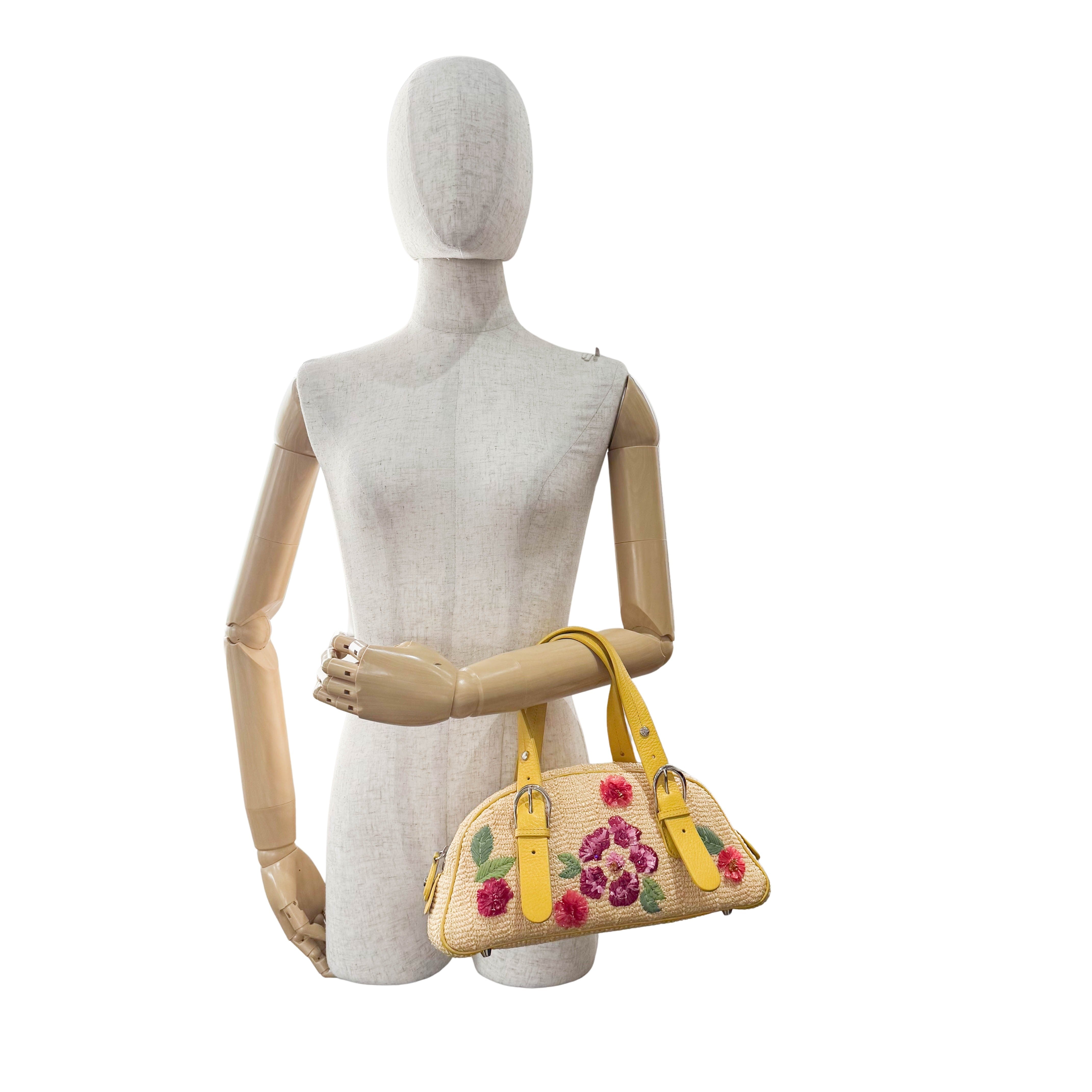 Flowers Embroidery in Straw and Yellow Leather Bag