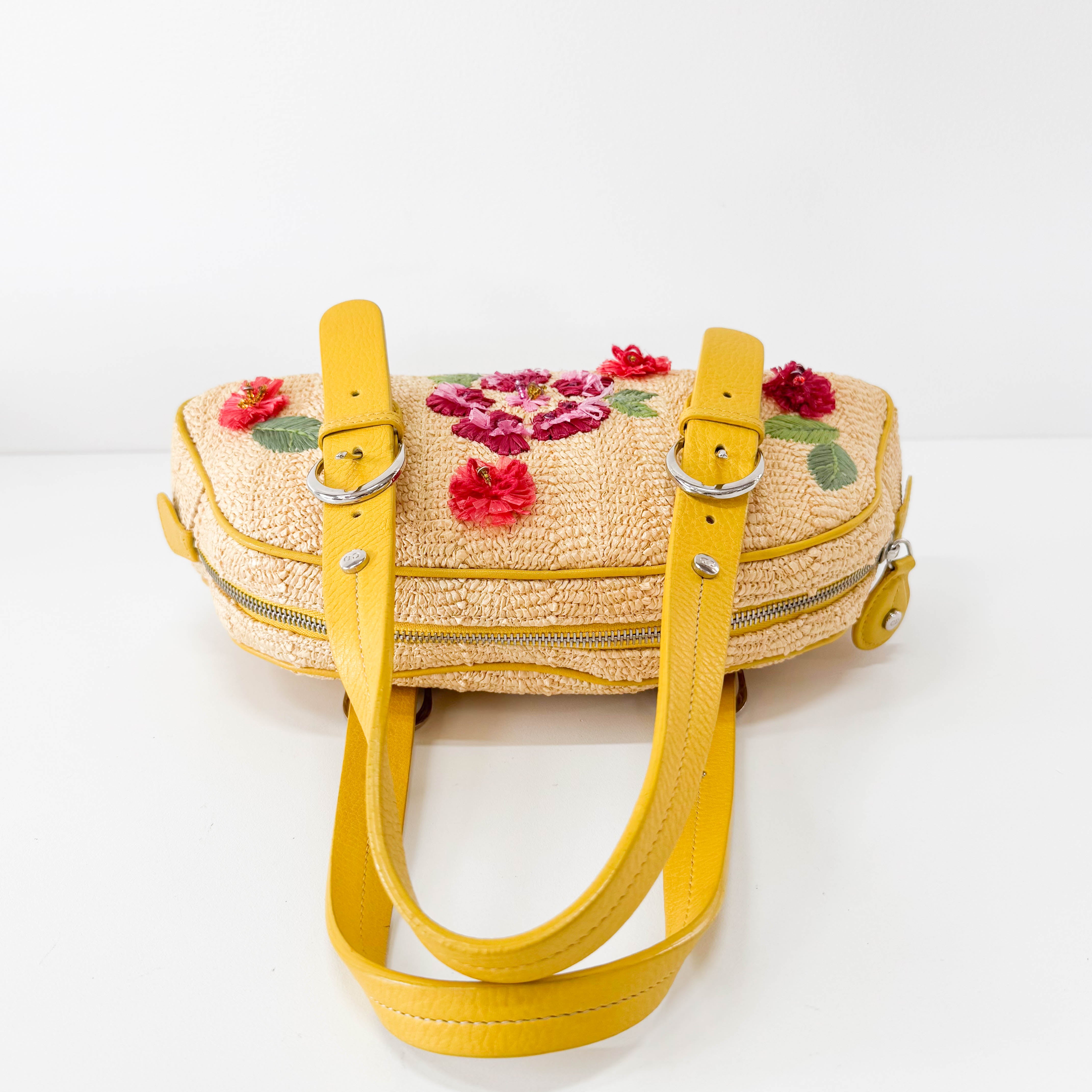 Flowers Embroidery in Straw and Yellow Leather Bag