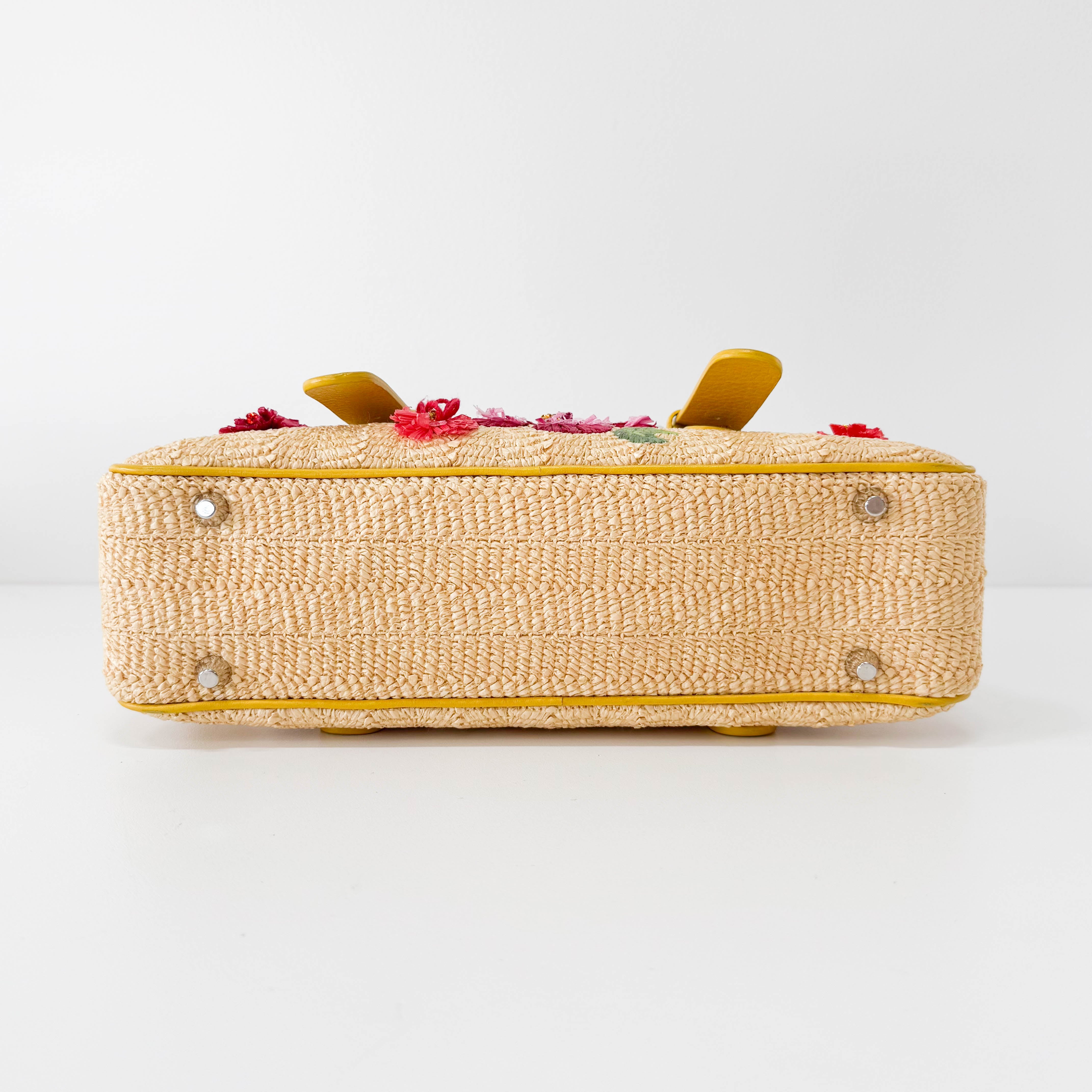 Flowers Embroidery in Straw and Yellow Leather Bag
