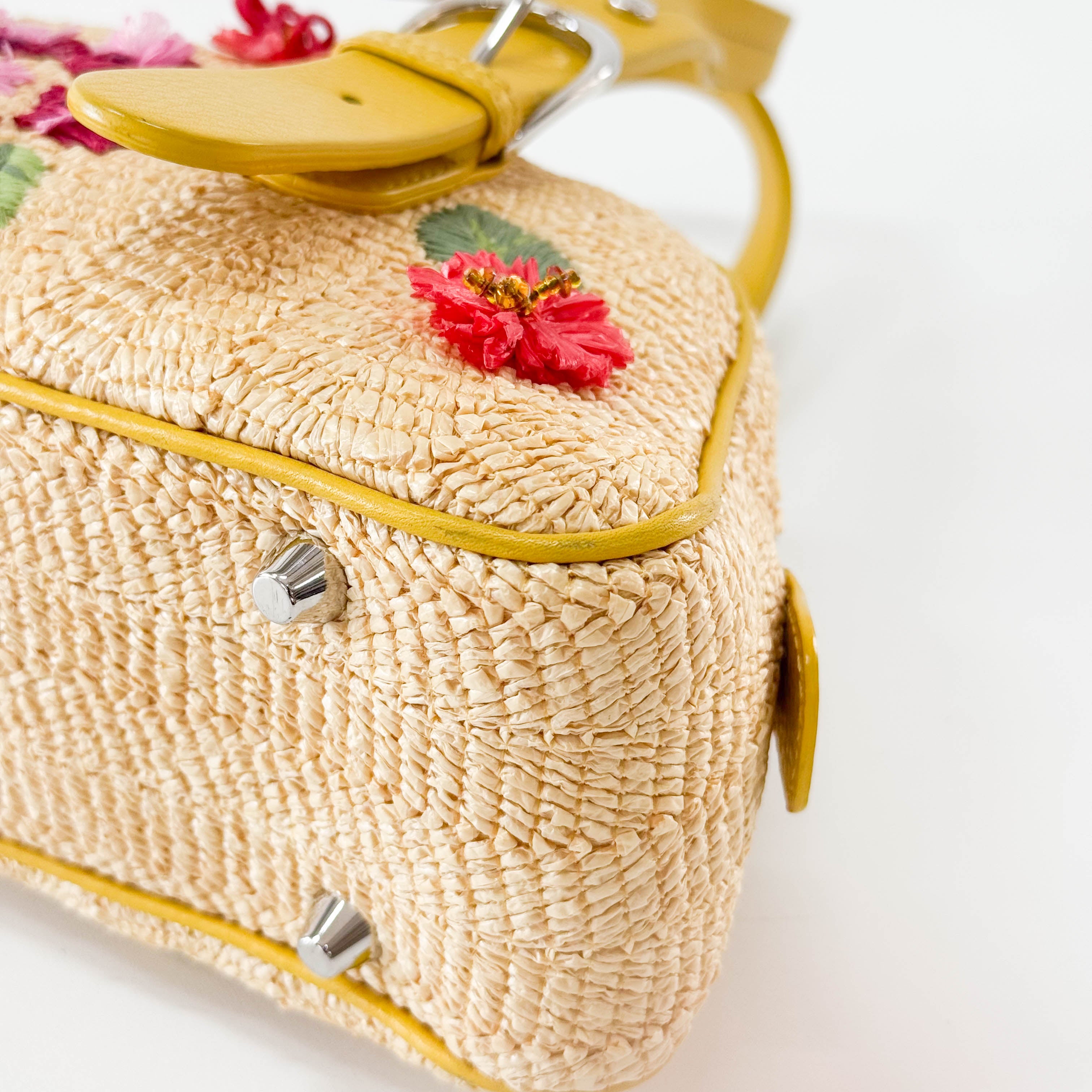 Flowers Embroidery in Straw and Yellow Leather Bag
