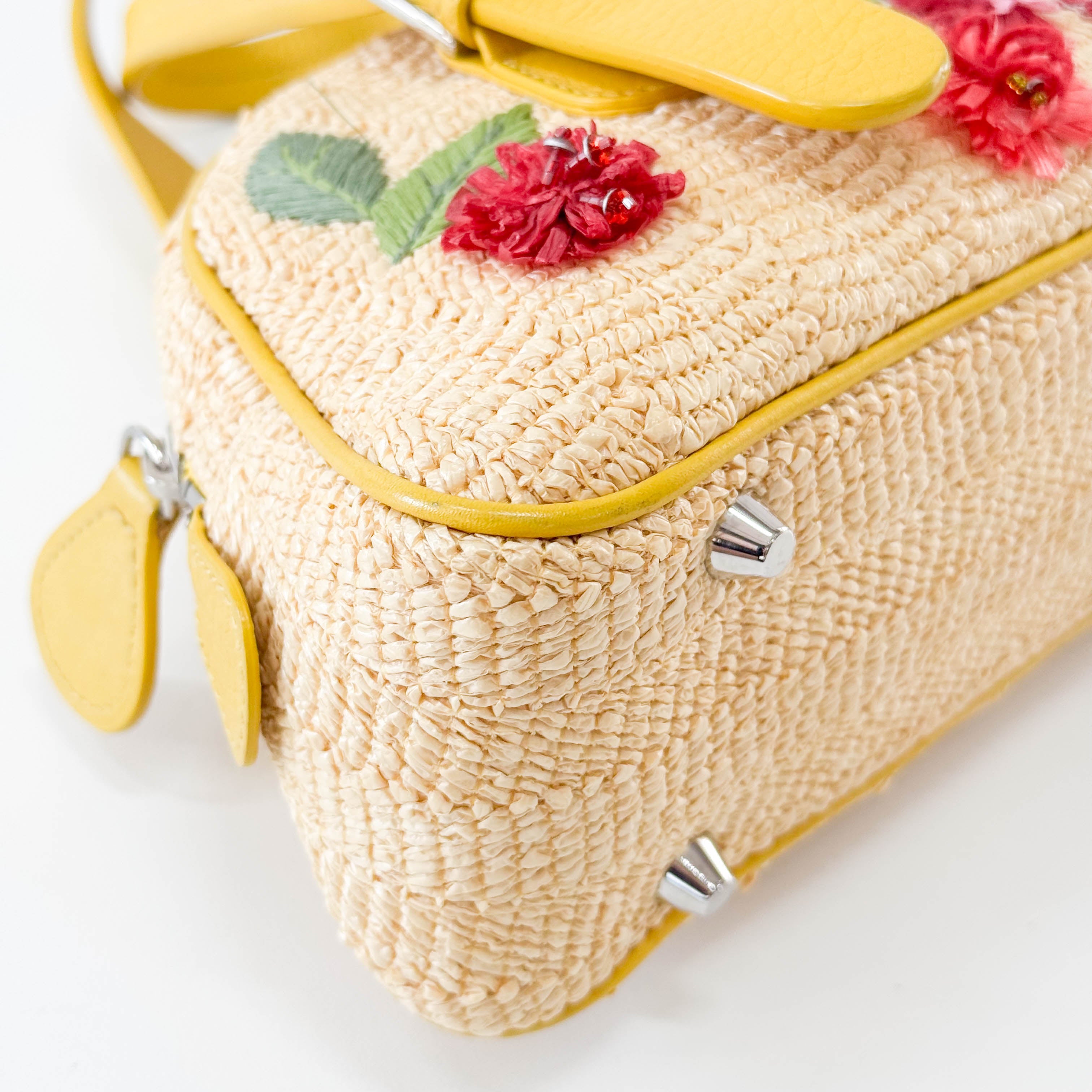 Flowers Embroidery in Straw and Yellow Leather Bag