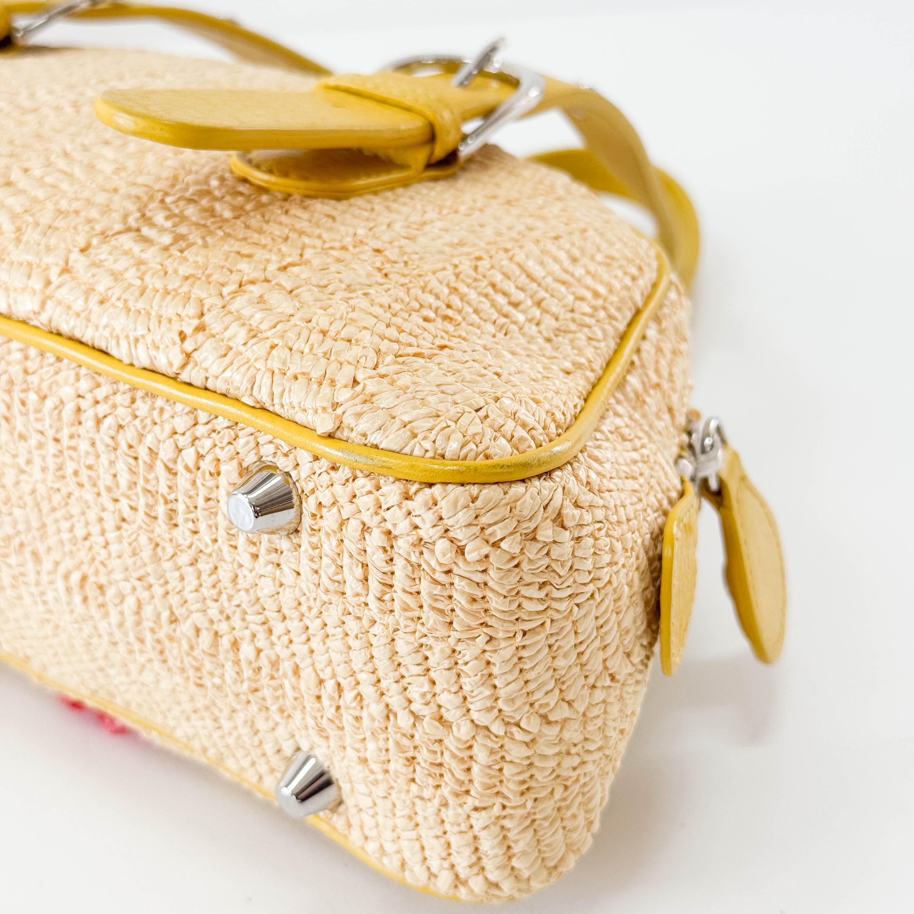 Flowers Embroidery in Straw and Yellow Leather Bag