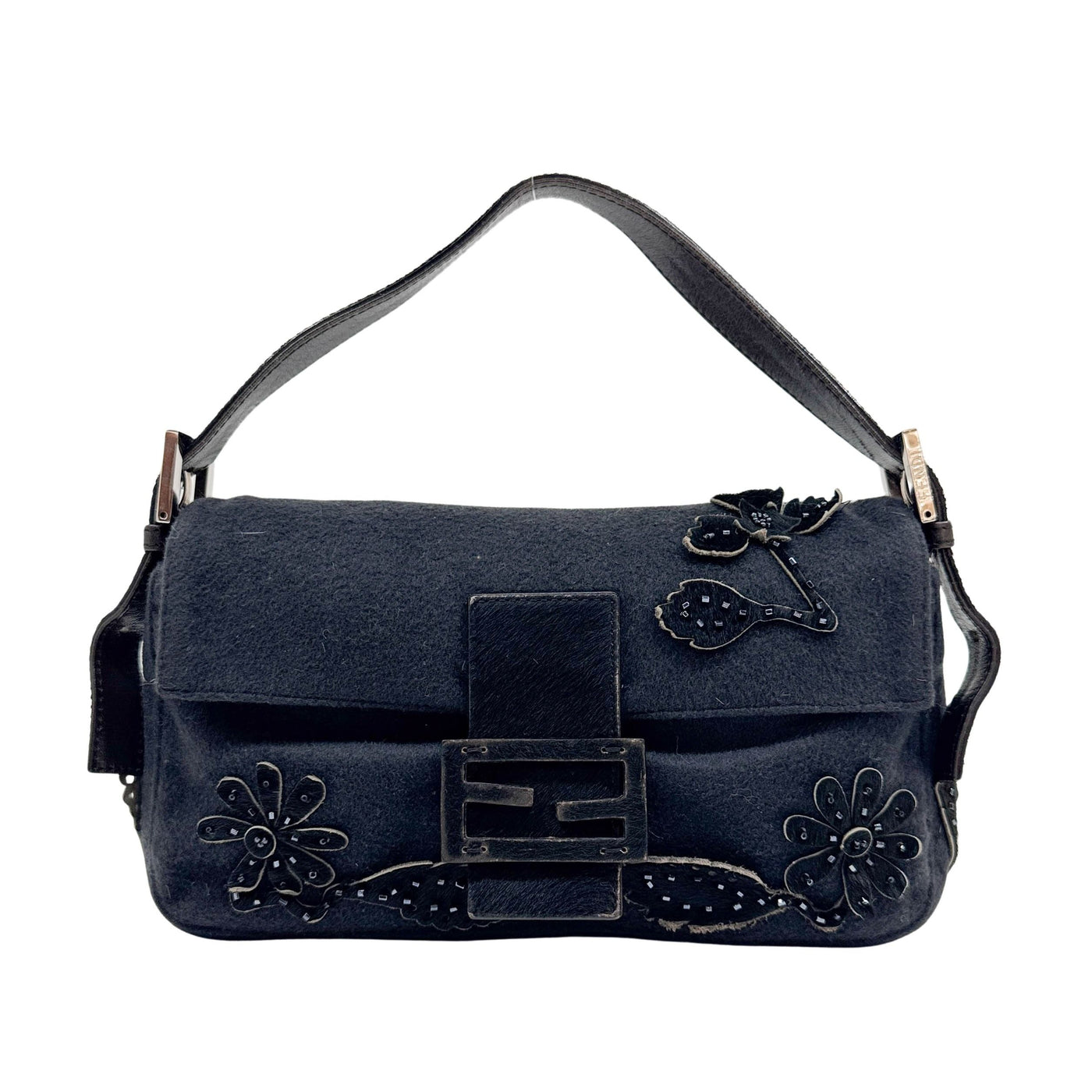 Baguette Floral Pony Hair Applique Gray Wool Shoulder Bag
