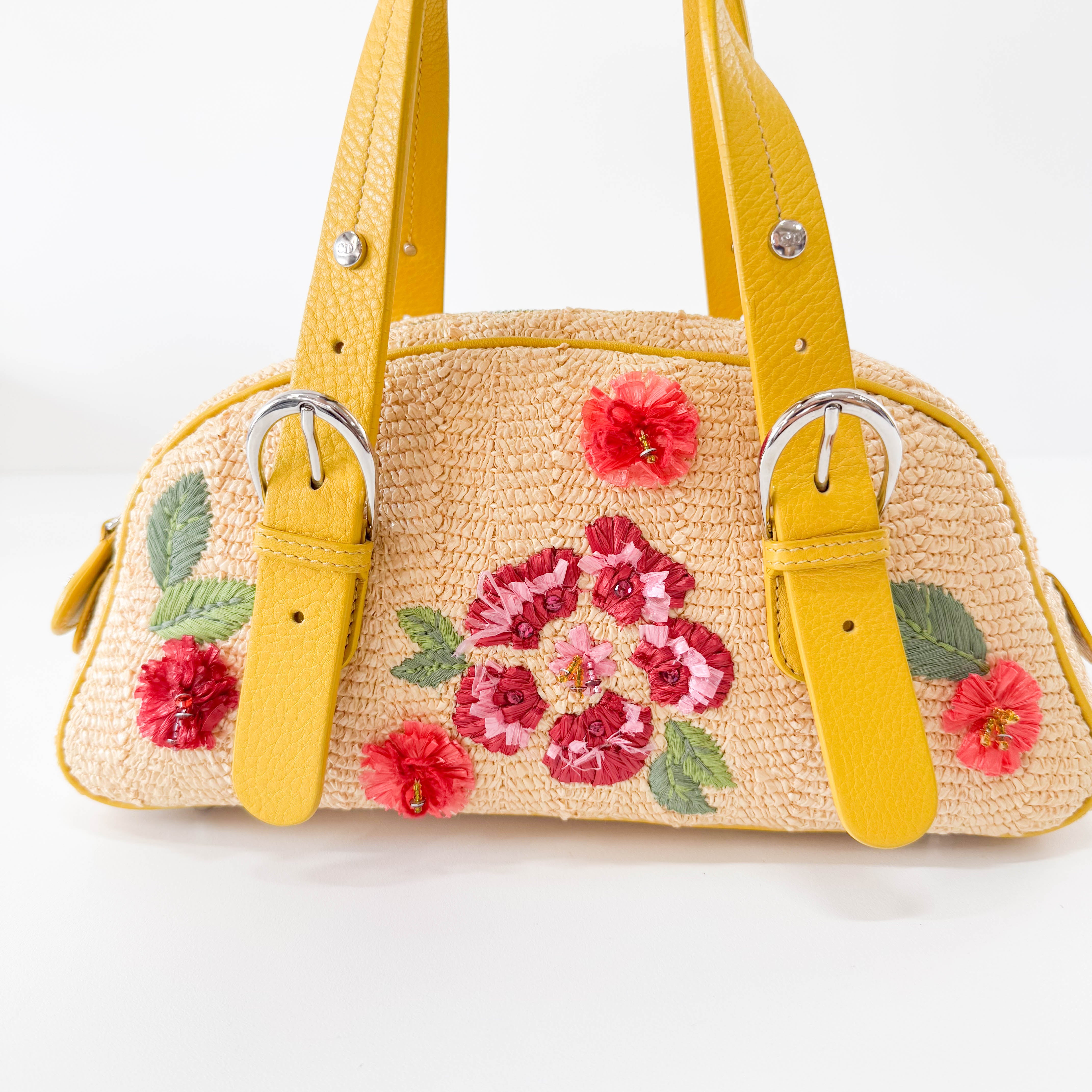 Flowers Embroidery in Straw and Yellow Leather Bag