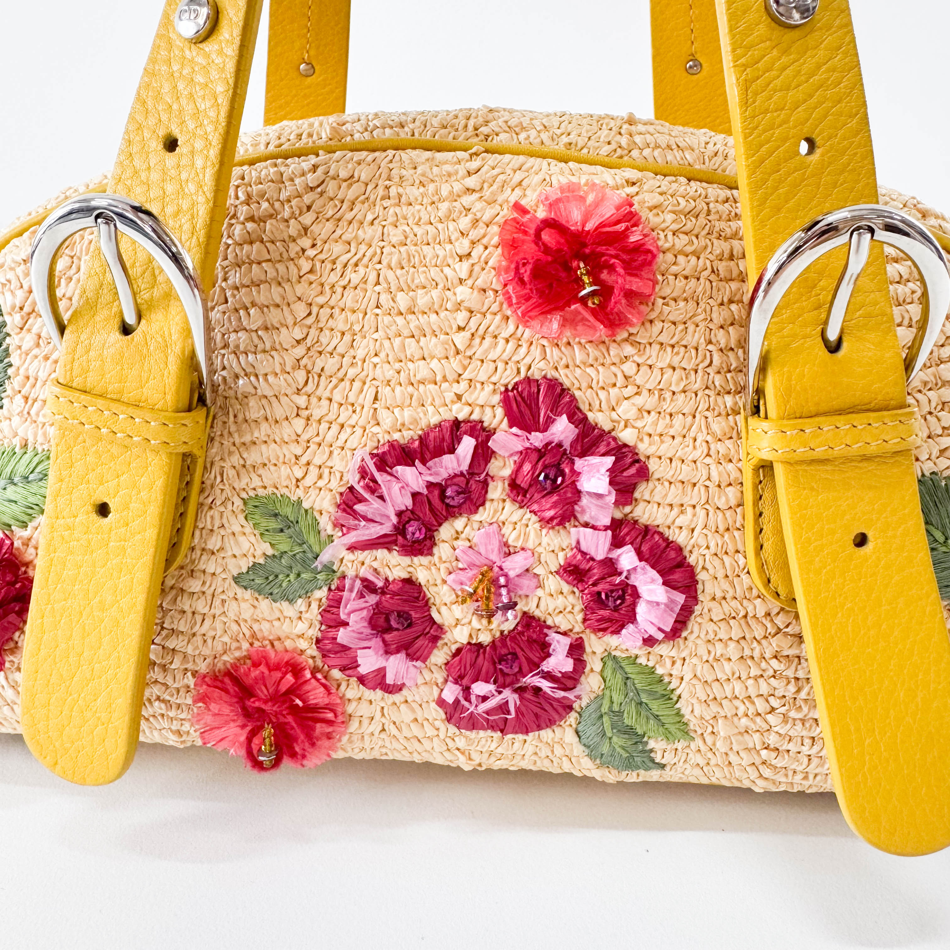 Flowers Embroidery in Straw and Yellow Leather Bag