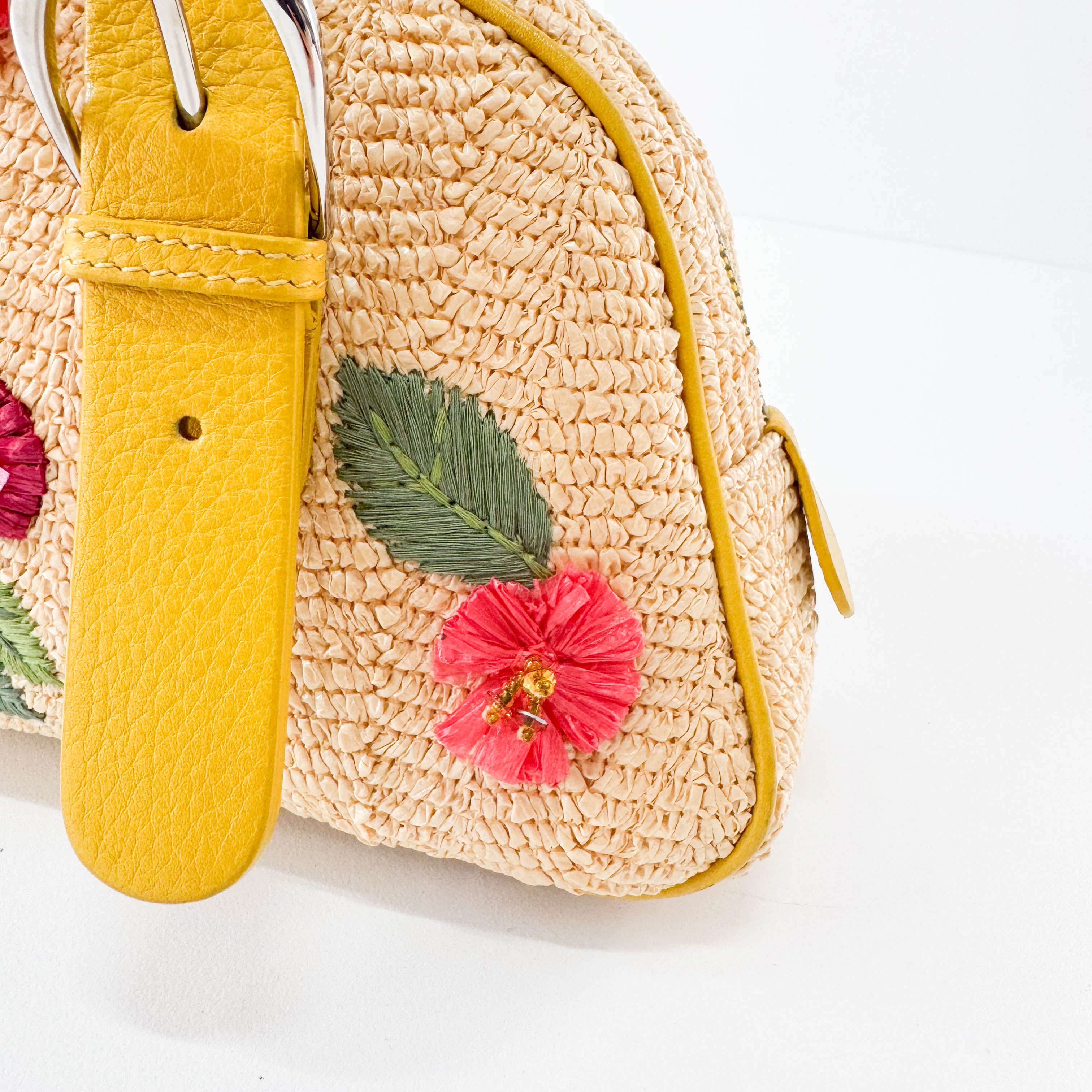 Flowers Embroidery in Straw and Yellow Leather Bag