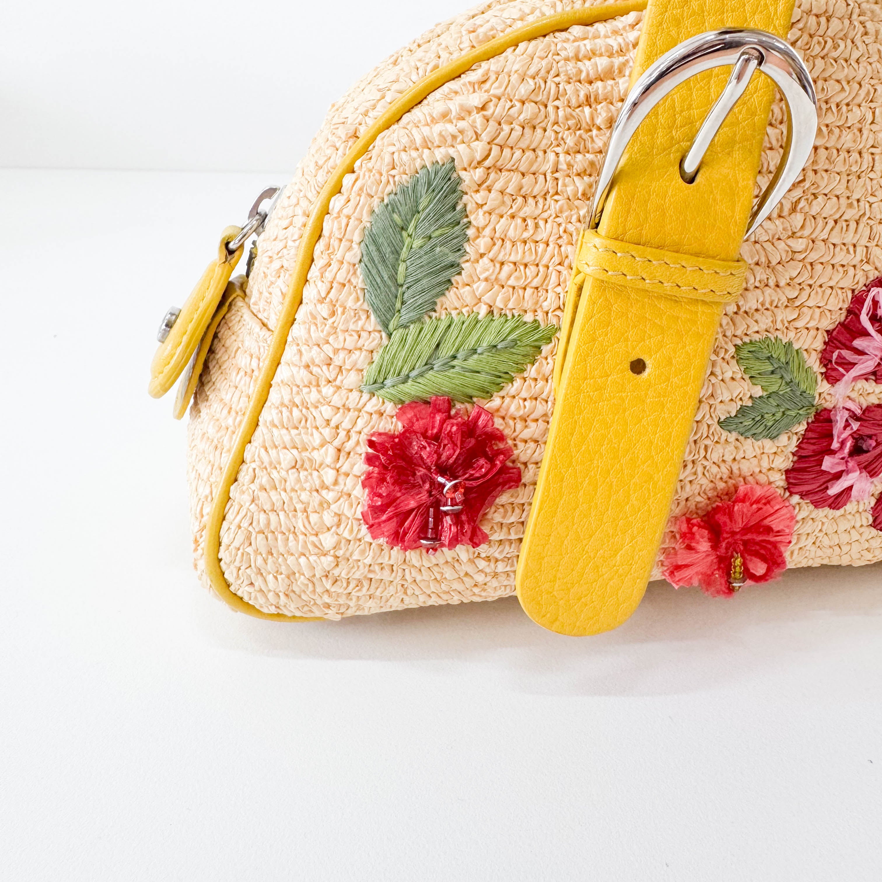 Flowers Embroidery in Straw and Yellow Leather Bag