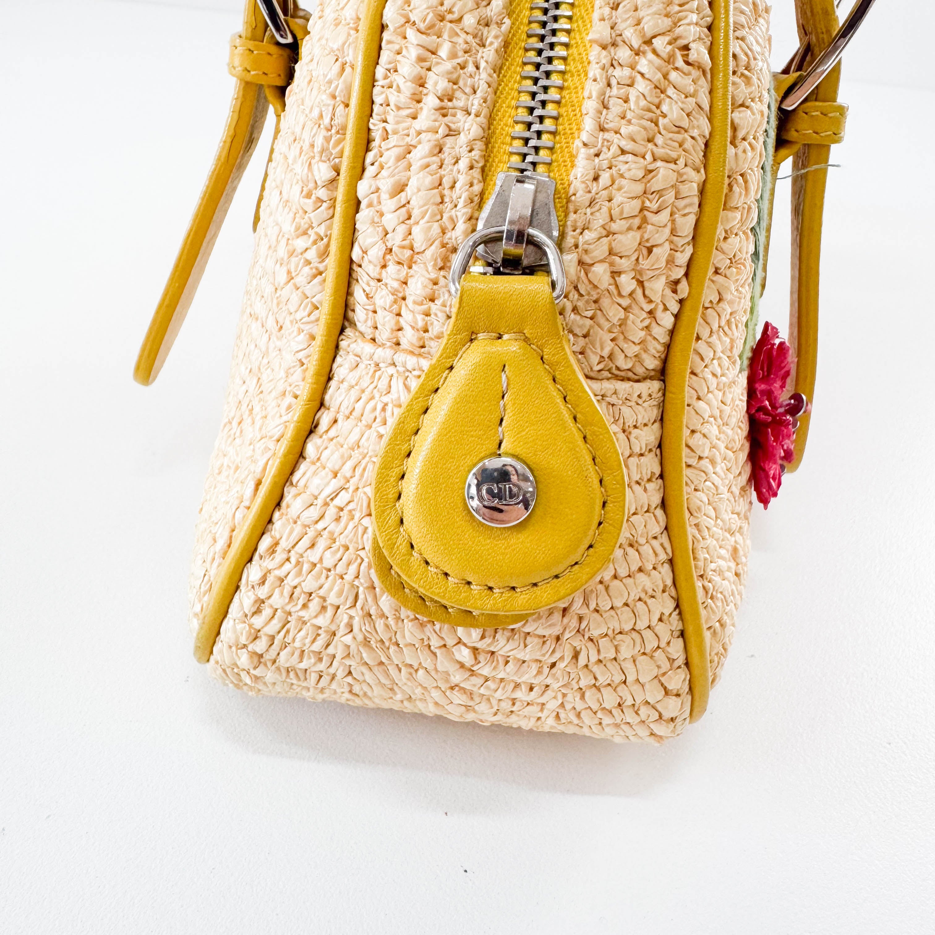 Flowers Embroidery in Straw and Yellow Leather Bag