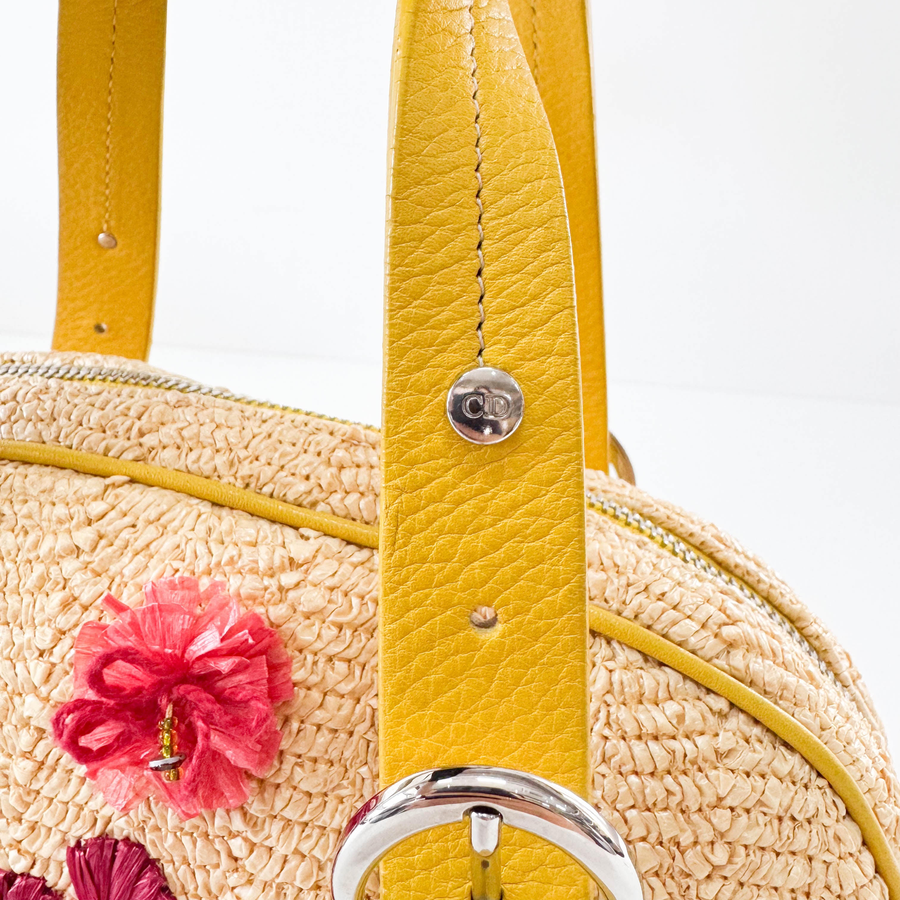 Flowers Embroidery in Straw and Yellow Leather Bag