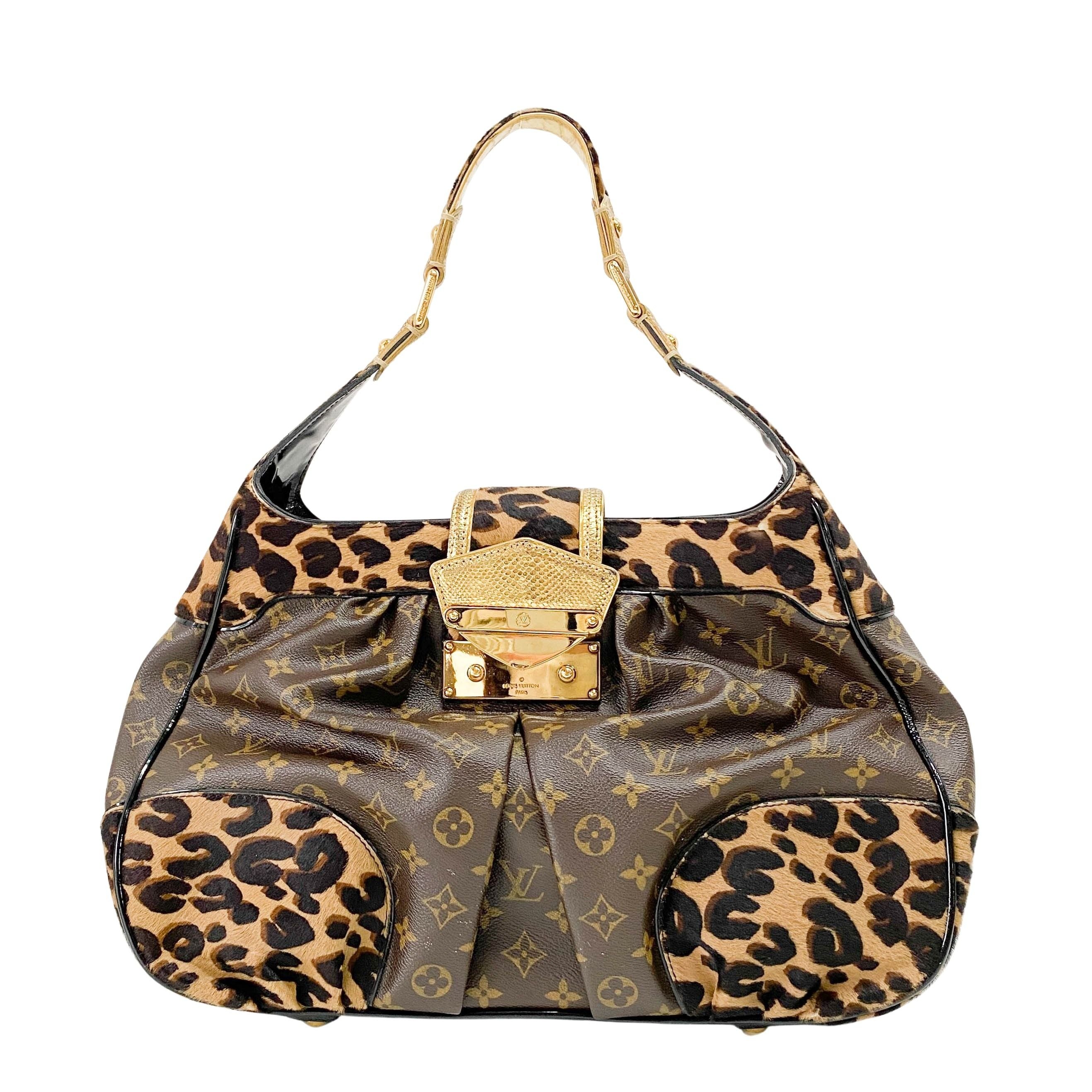 Polly Brown Monogram Pony Hair Leopard Print Shoulder Bag