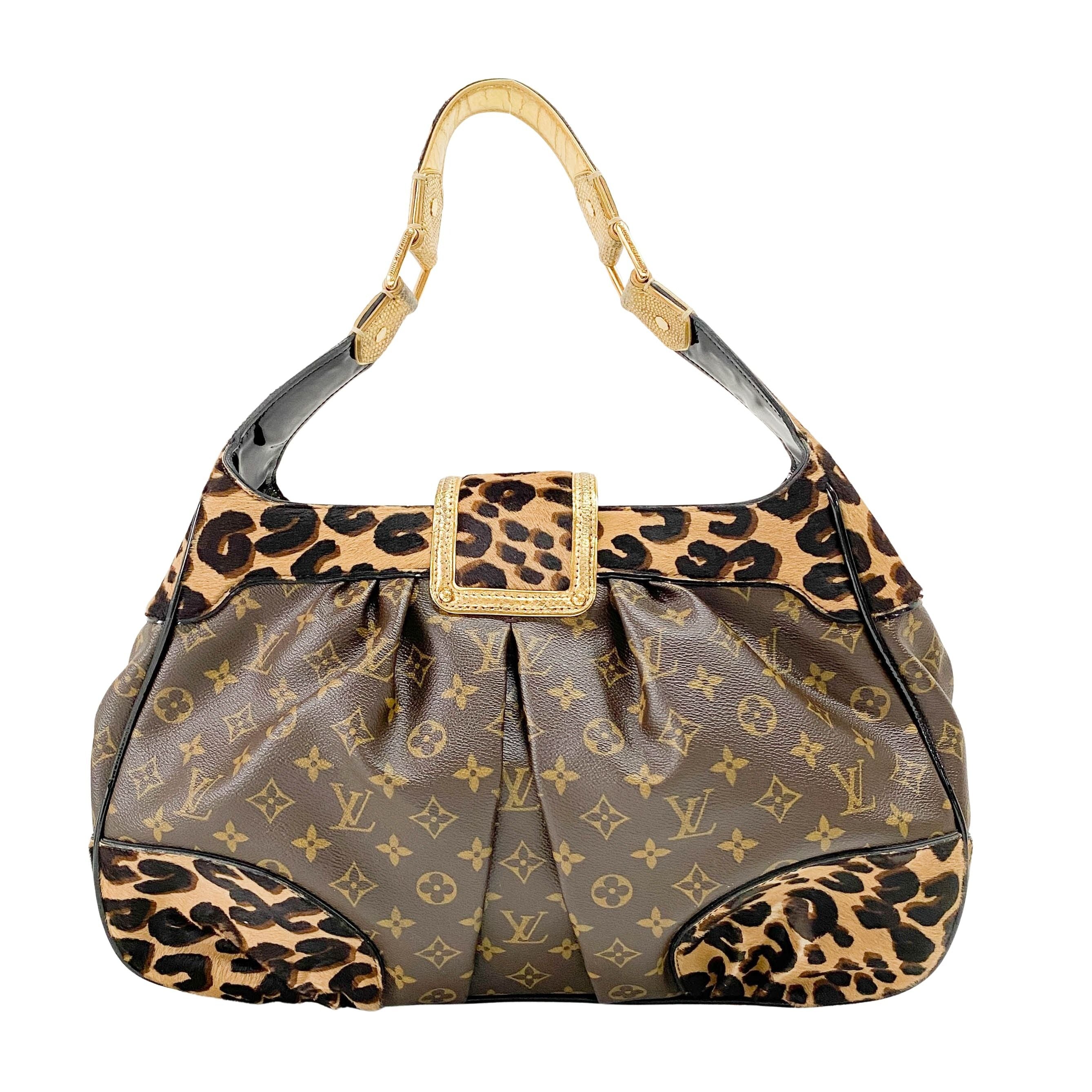 Polly Brown Monogram Pony Hair Leopard Print Shoulder Bag