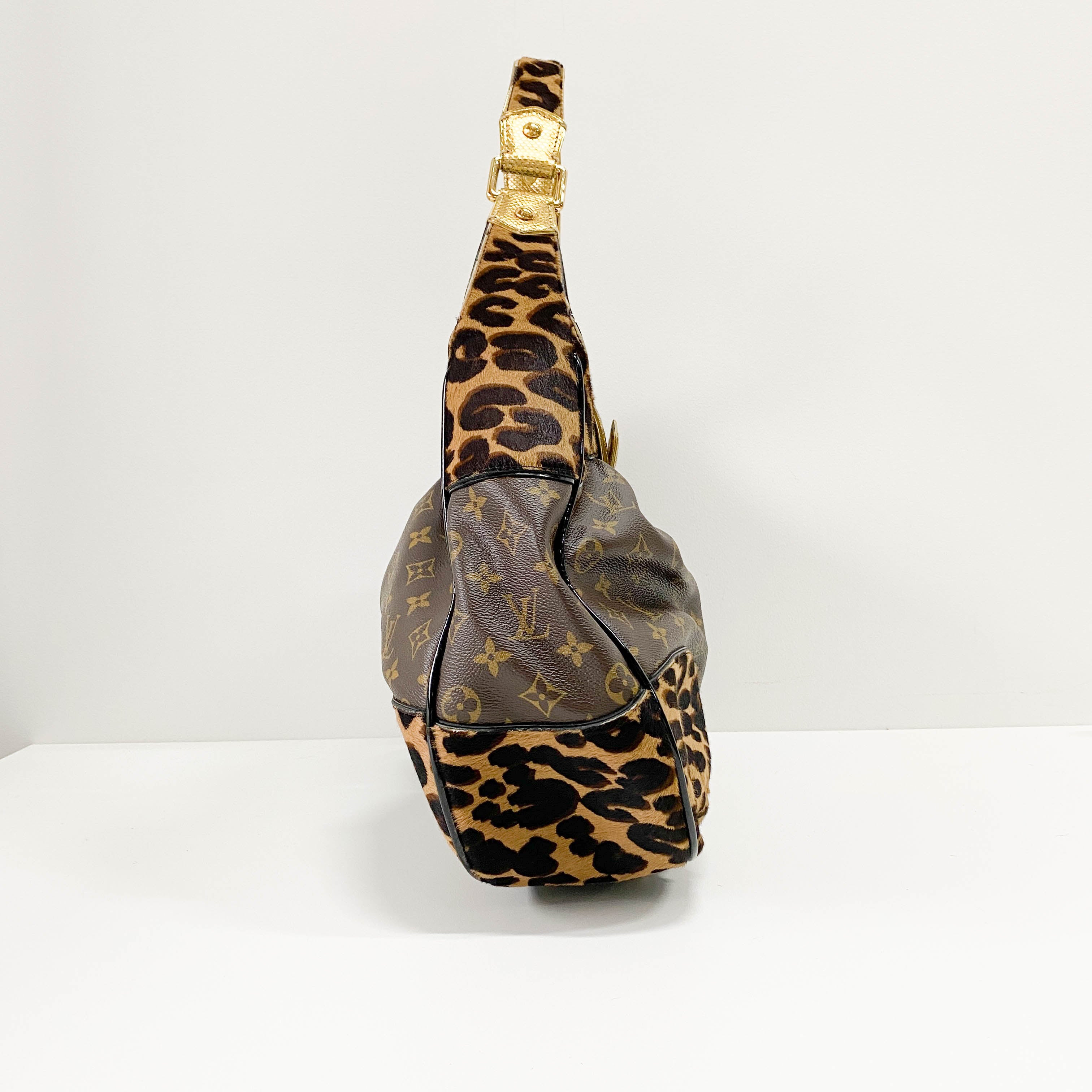 Polly Brown Monogram Pony Hair Leopard Print Shoulder Bag