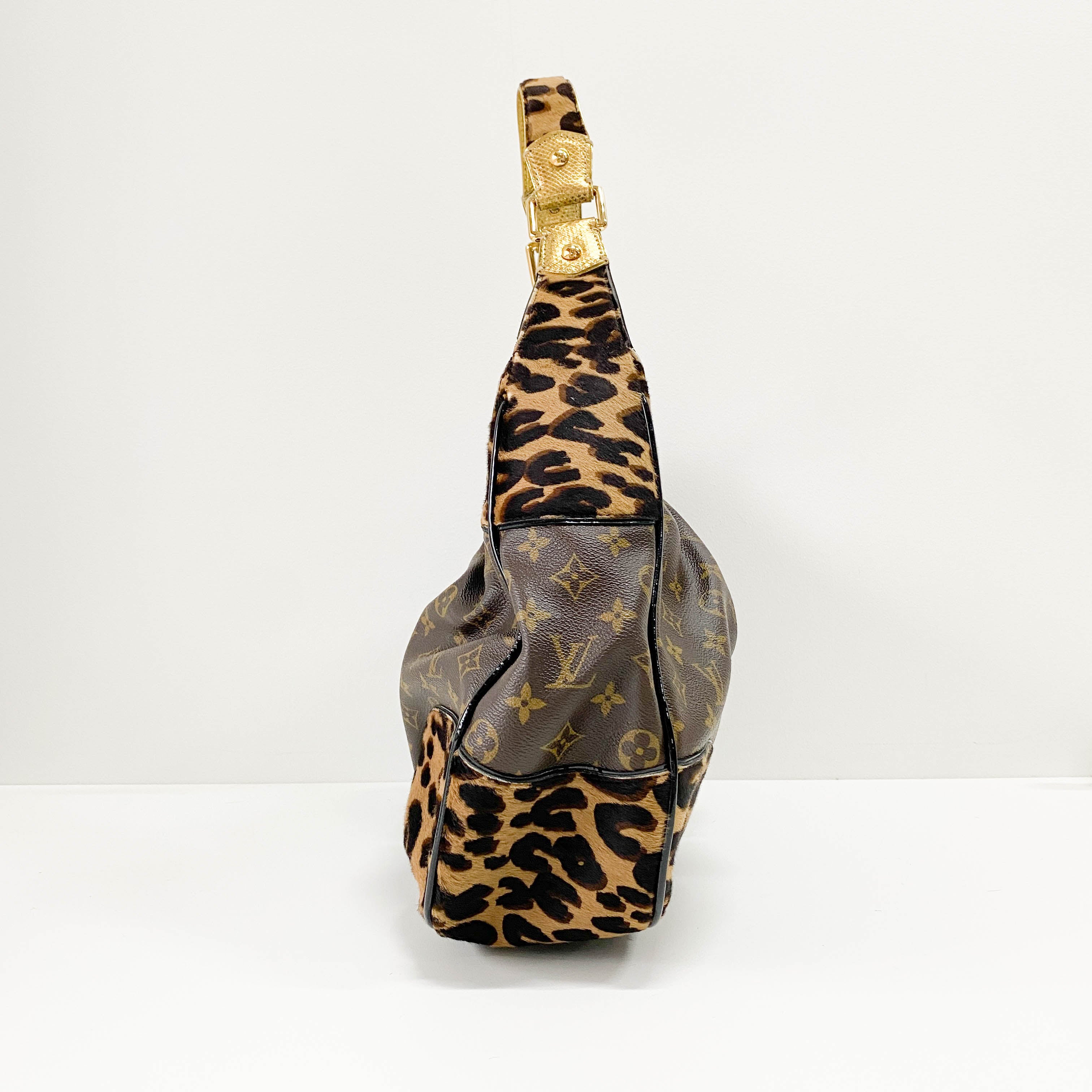 Polly Brown Monogram Pony Hair Leopard Print Shoulder Bag