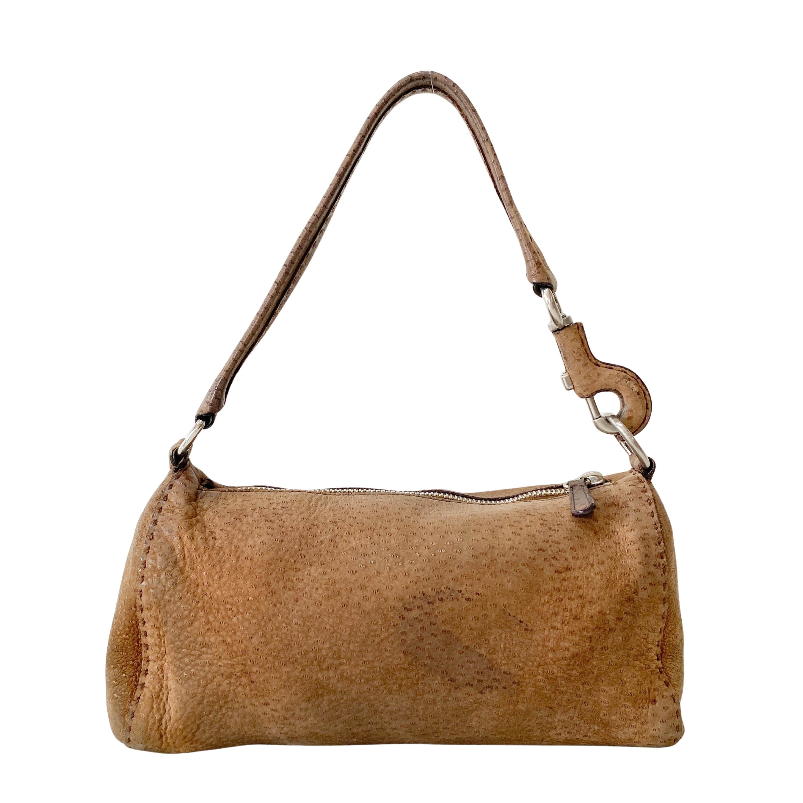 Brown Ostrich Embossed Leather Shoulder Bag